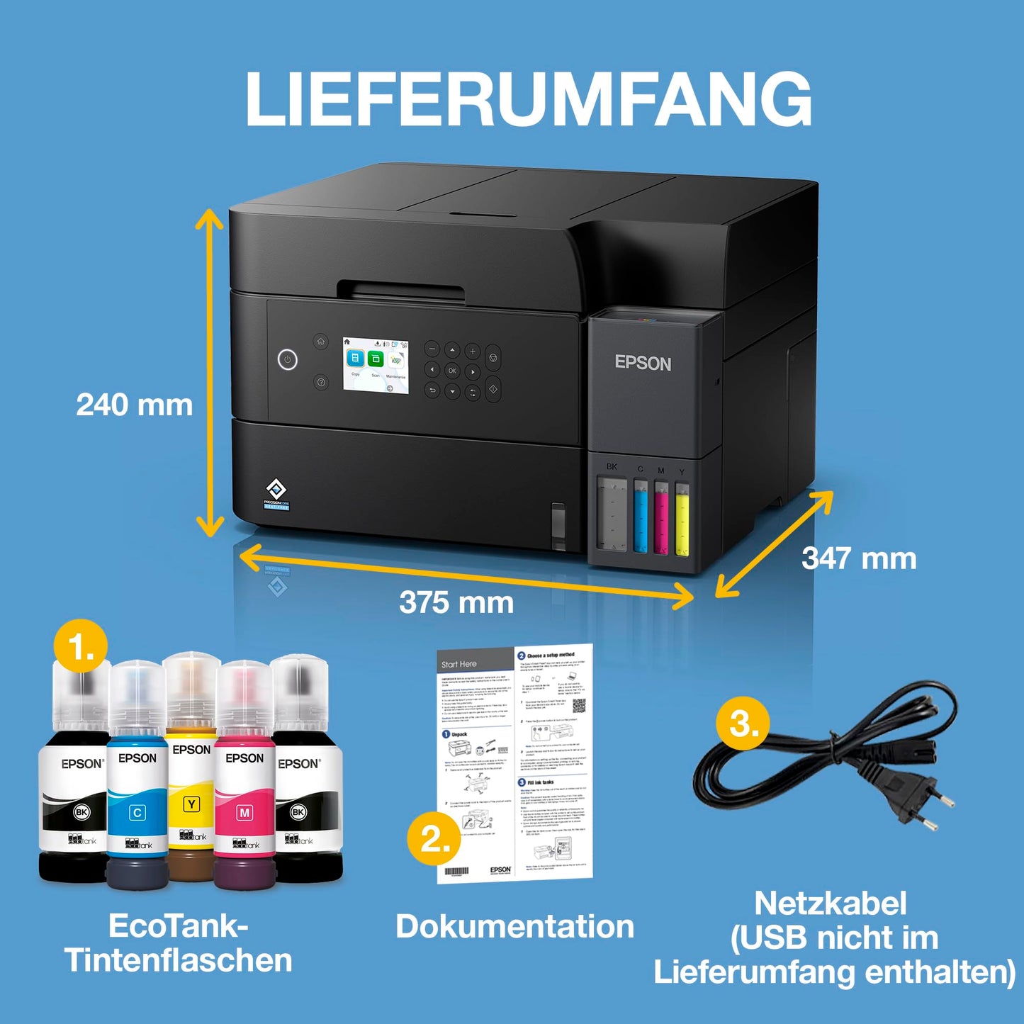 Epson EcoTank ET-3950 ink tank printer | for the home office | WiFi | A4 | Duplex printing, copying, scanning | 6.1 cm LCD display | 30-sheet ADF | Includes ink for up to 3 years