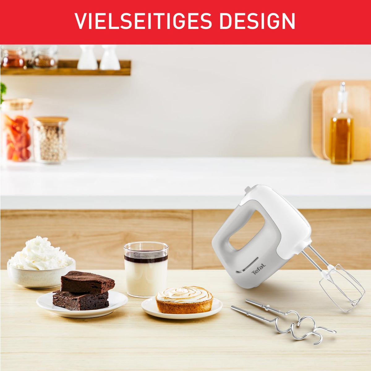 Mixeur à main Tefal Prep'Mix, 450 W, appareil de mixage avec 5 vitesses, 2 fouets et 2 crochets pétrisseurs en acier inoxydable, design ergonomique, accessoires lavables au lave-vaisselle, HT450B