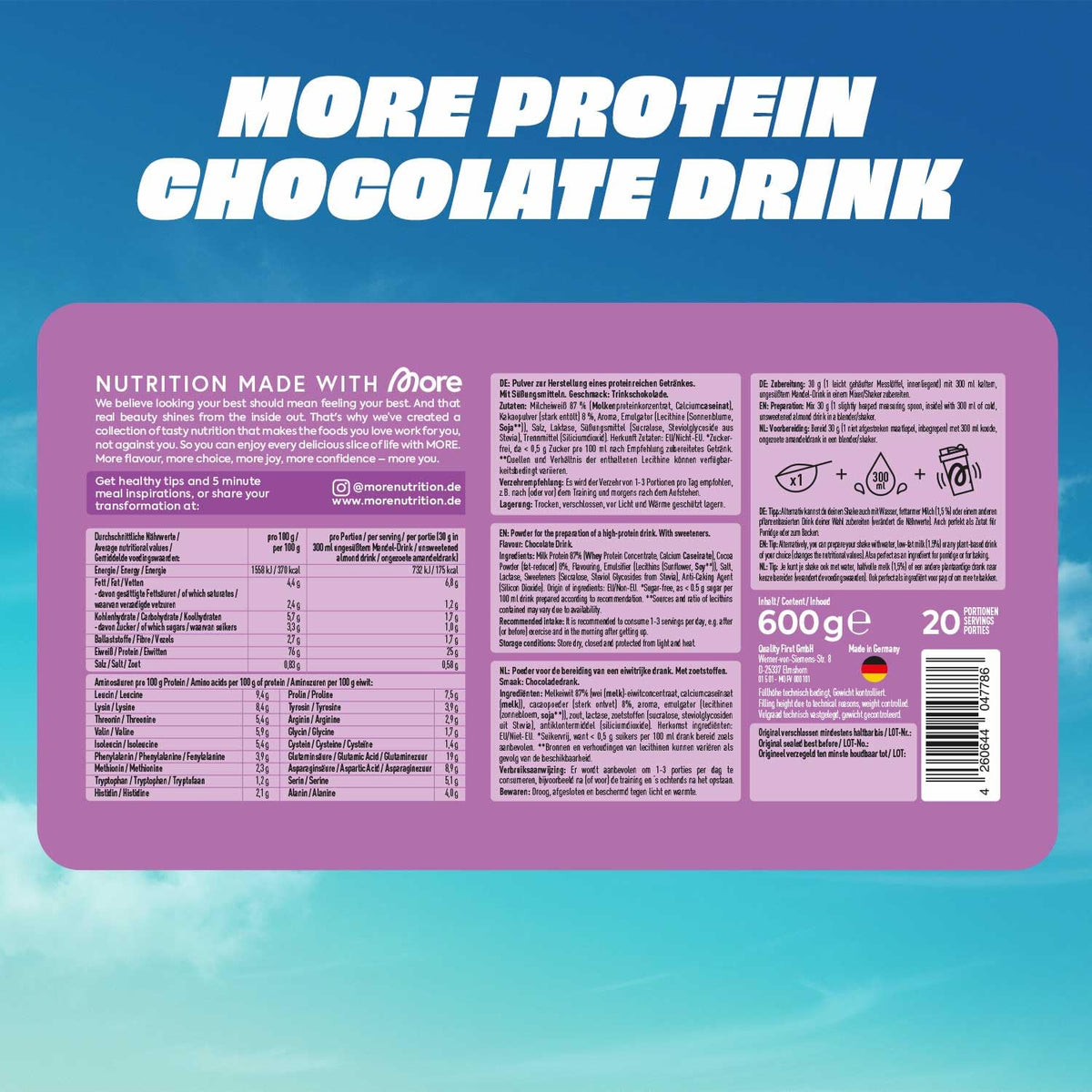 MORE Protein Milkshake, Trinkschokolade, 600 g - XMO10508