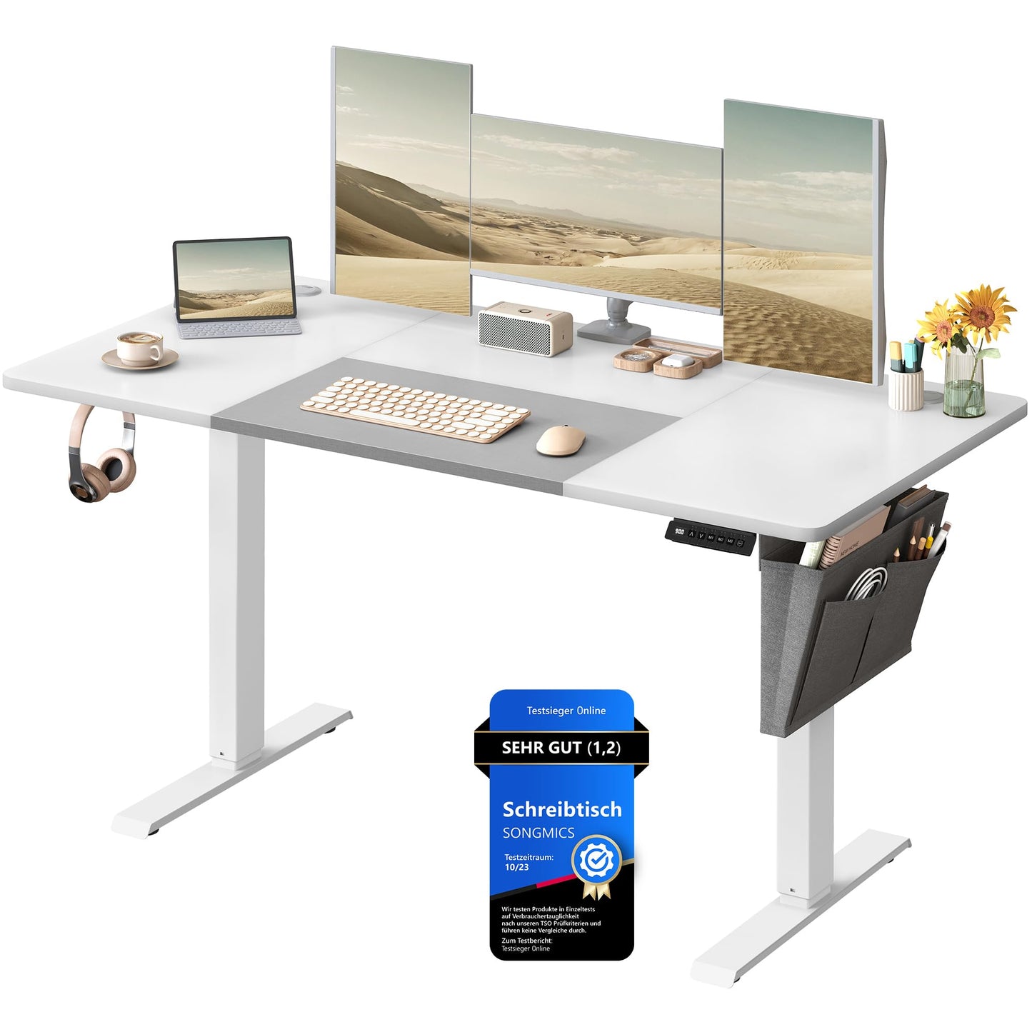 SONGMICS Electric height-adjustable desk, 140 x 60 cm, continuously adjustable, memory function with 4 heights, cloud white-dove gray LSD016W02