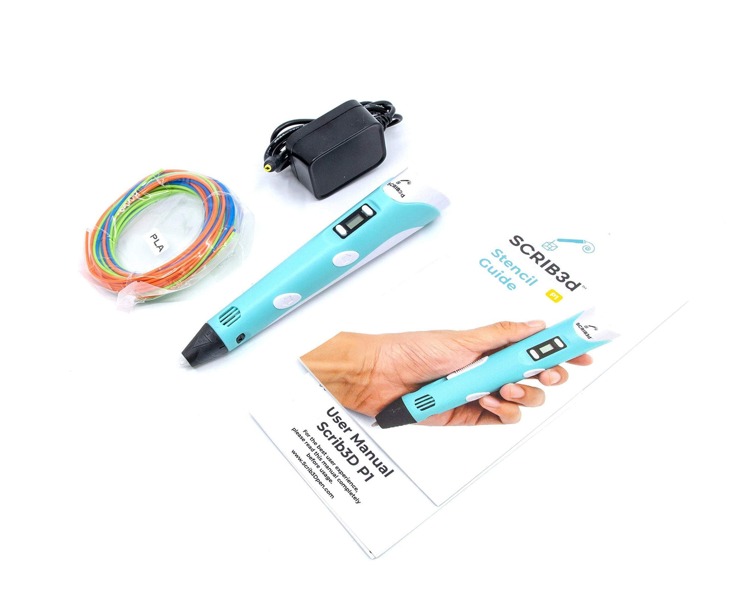 SCRIB3D P1 3D Printing Pen with Display - Includes 3D pen, 3 starting colors of PLA filament, stencil book + project guide and charger - SCRIB_PEN_P1