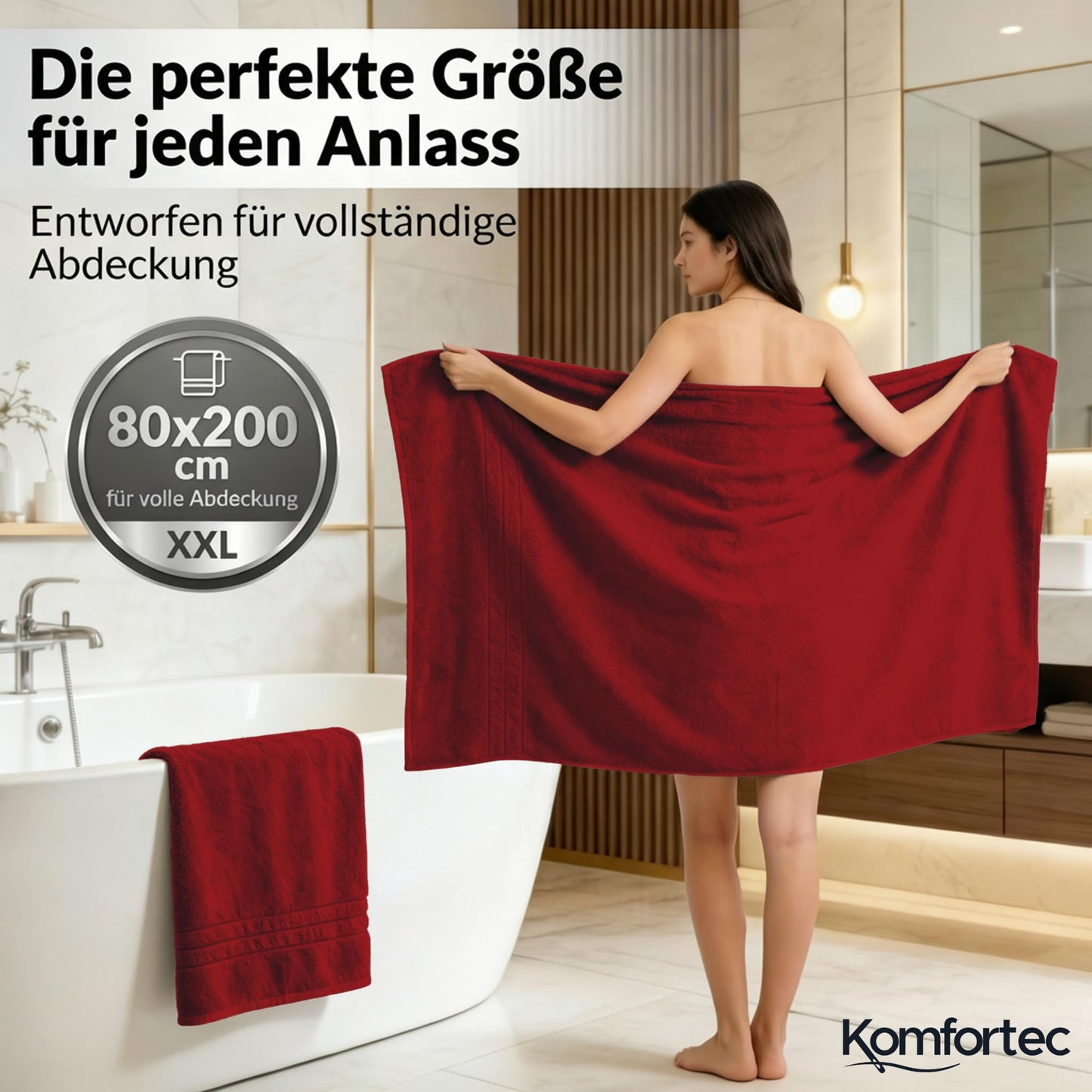 Komfortec 2 sauna towel set 80x200 cm, large sauna towels made of 100% cotton, sauna towels, fluffy and absorbent, quick-drying, aurora red - 2er-80x200-aurorarot