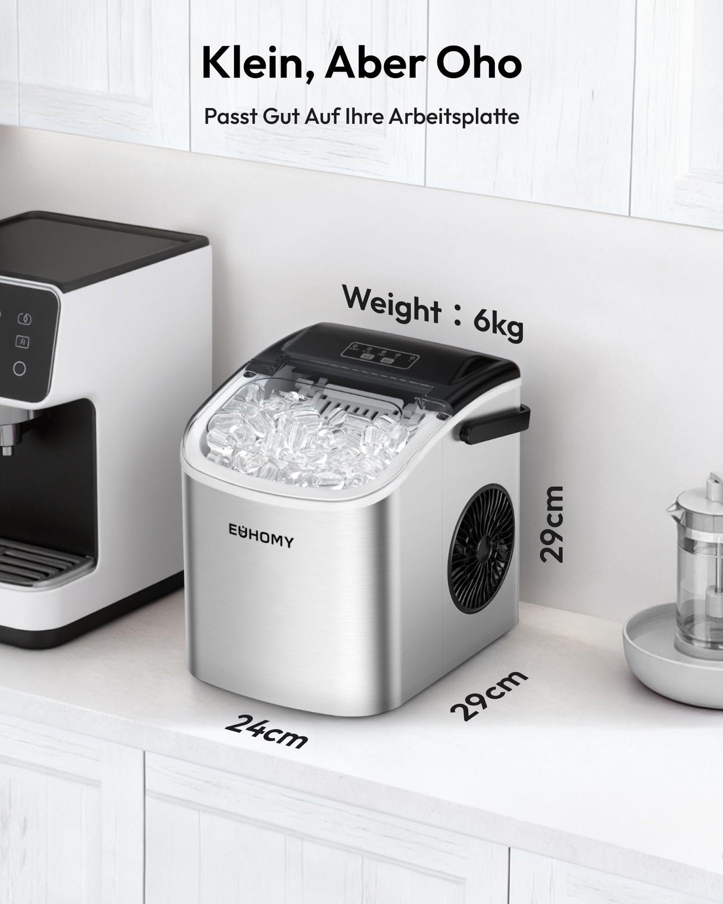 EUHOMY Ice Cube Machine Small, 9 Ice Cubes in 6 Minutes, 12 kg/24H, Ice Cube Machine Stainless Steel with Portable Handle, Self-Cleaning Compact Ice Cube Machine for Home/Kitchen/Office/Bar - B0CTMH479C