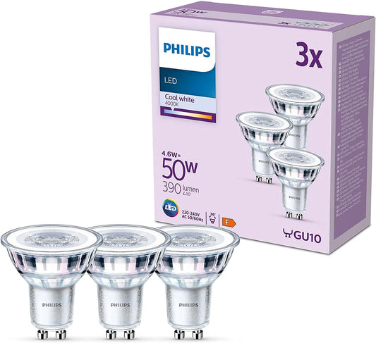 Philips LED lamp, replaces 50W, GU10 reflector, neutral white light (4000K), 390 lumens, pack of 3, neutral white - 929001218293