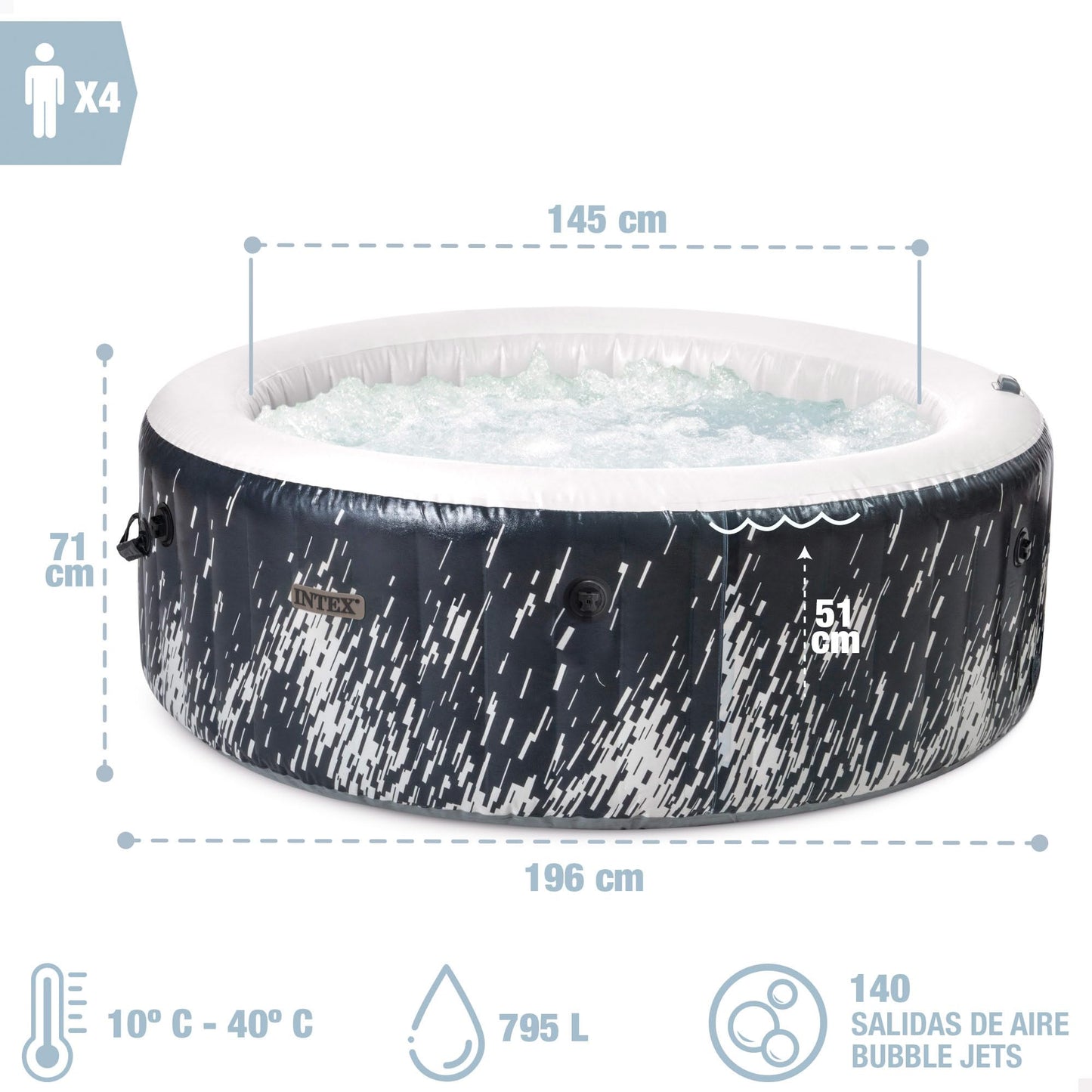 INTEX PureSPA Bubble Glow Deluxe inflatable indoor & outdoor whirlpool for 4 people with ambient light (196x71cm) water softening & salt water system - 140 massage jets - 2200 W heating system (28494NP)