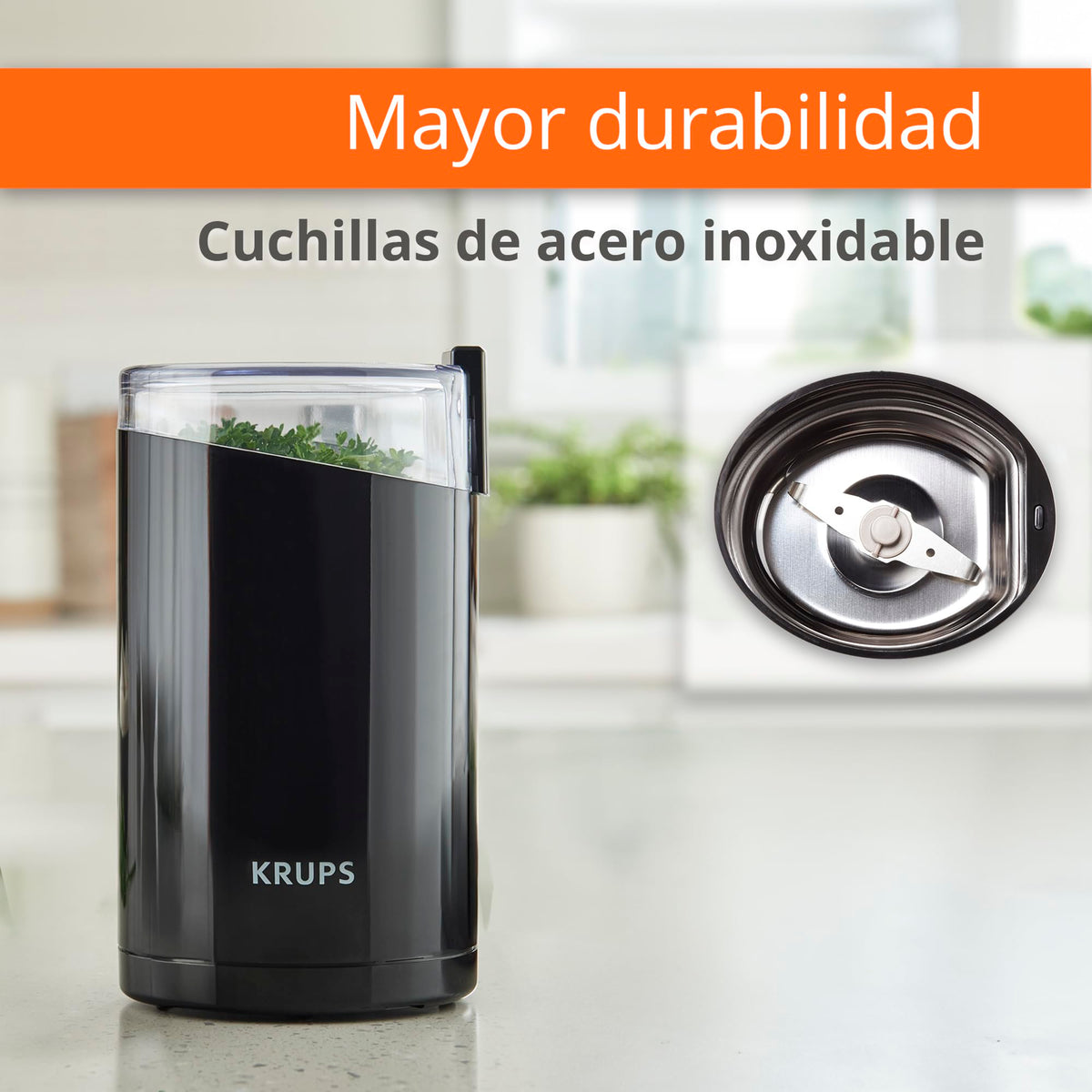 Krups F20342 Coffee and Spice Grinder in One, Powerful Motor, Adjustable Grind Size, 75g Capacity, Stainless Steel Blade, Safety Lid, Anti-Slip Feet, Black