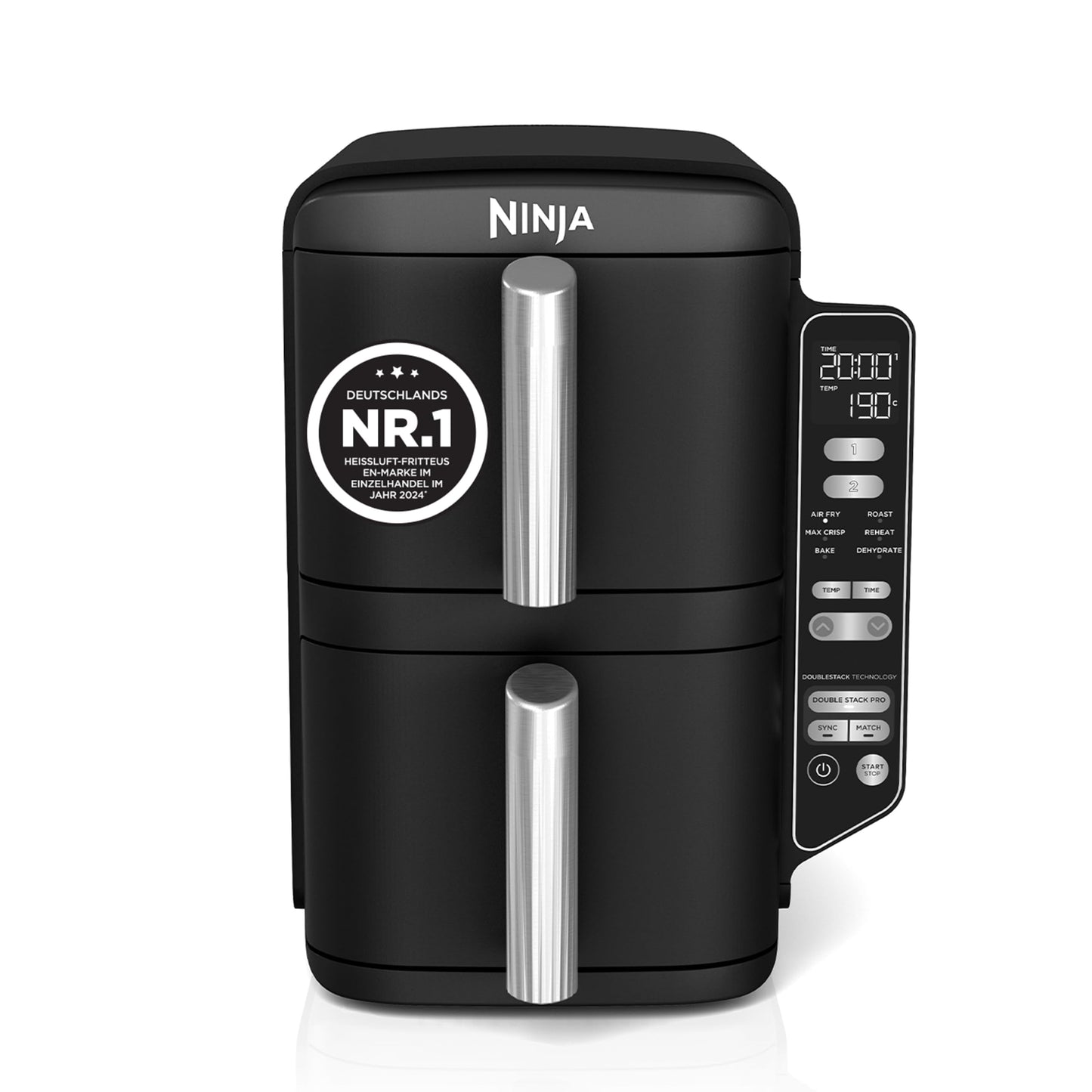 Ninja Double Stack Hot Air Fryer, 7.6L Digital Air Fryer Double Basket with 4 Cooking Levels, 2 Drawers, 2 Racks, Space Saving Design, 6 Cooking Functions, 6 Servings, Black SL300EU - SL300UK