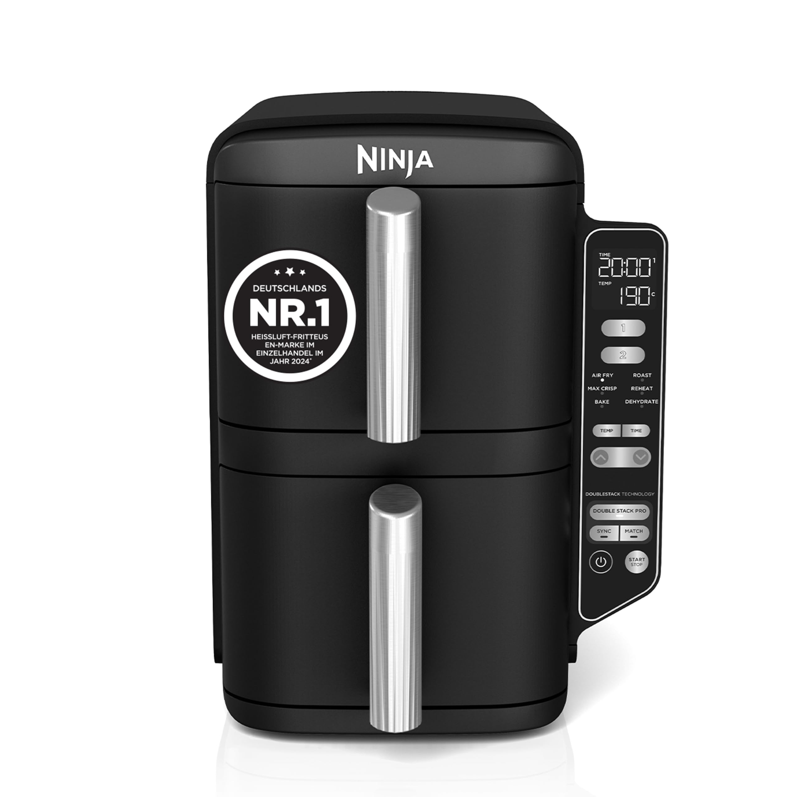 Friteuză cu aer cald Ninja Double Stack, 7.6L Friteuză digitală cu aer cald, coș dublu, 4 niveluri de gătit, 2 sertare, 2 grătare, design care economisește spațiu, 6 funcții de gătit, 6 porții, negru SL300EU - SL300UK