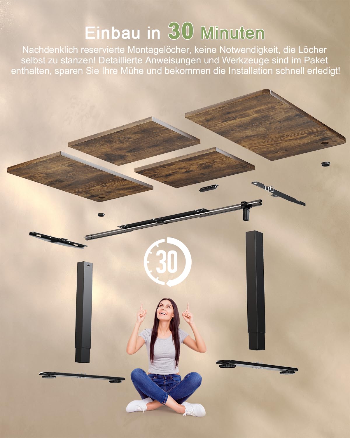 JUMMICO Height-adjustable desk with USB charging port, desk height-adjustable electric 180 x 80 cm, stand-sit table, standing desk, adjustable computer table, standing desk, brown - 0403