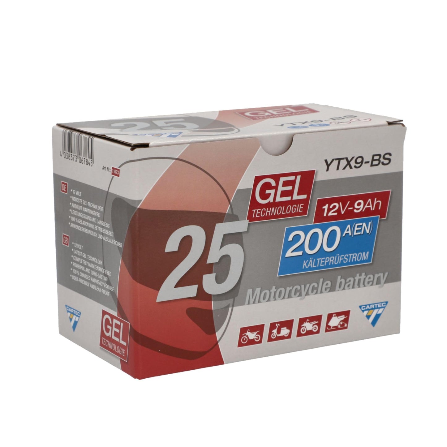 CARTEC motorcycle battery YTX9-BS, 9Ah, 200A, gel technology motorcycle starter battery, original equipment manufacturer quality, cycle-proof, storable, maintenance-free, black - 11073