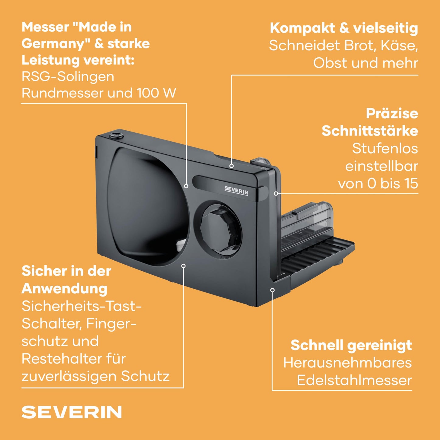 SEVERIN all-purpose slicer for bread, cold cuts or cheese, bread slicer with infinitely adjustable cutting thickness, slicer with finger protection, black, AS 9595