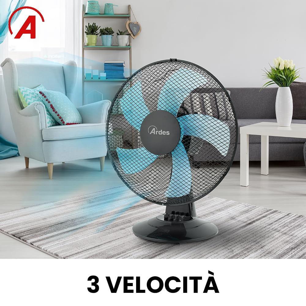 Ardes - AR5ST40N table fan STEELO 40N 5 blades - table fan 40 cm oscillating with adjustable tilt - fan 3 speeds quiet, black