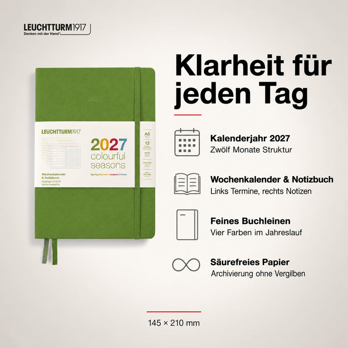 LEUCHTTURM1917 Calendar săptămânal și caiet cu punct mediu (A5) 2027, anotimpuri colorate, verde, engleză Prezentare generală a calendarului cu coperți cartonate 2026/2027/2028, prezentare generală a planificării 01.27-12.28, planificator de proiecte,