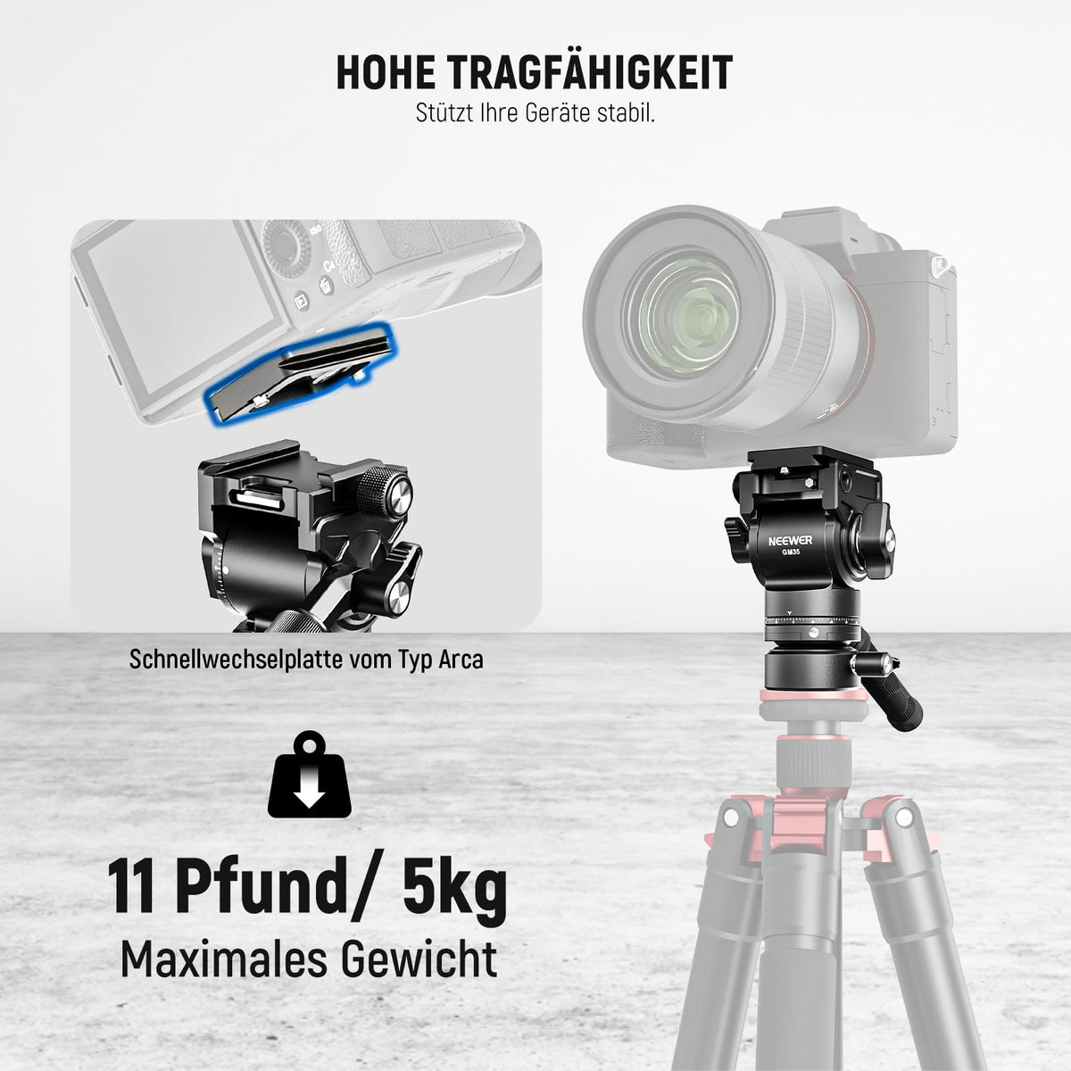 NEEWER Videostativ Fluidkopf cu bază de nivelare +/-7° (φ48mm), mini cap de înclinare și panoramare din metal cu placă Arca QR, mâner telescopic pentru cameră video compactă DSLR, capacitate maximă de încărcare 5kg GM35