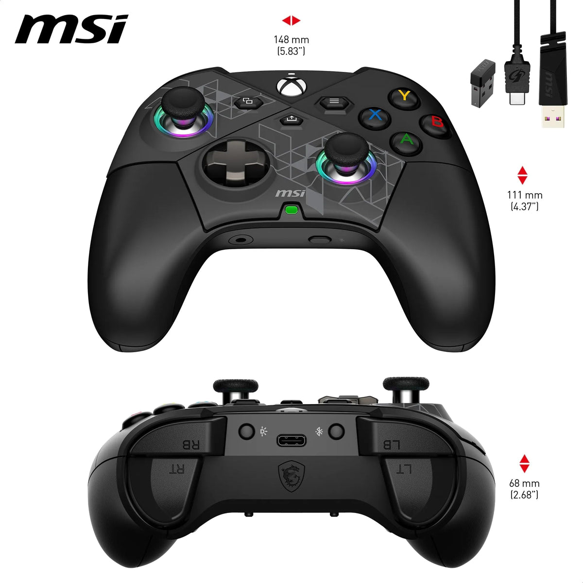 MSI FORCE PRO WIRELESS PC Gamepad Controller - 2.4 GHz, Bluetooth, USB Type-C to A - wired/wireless, 1000mAh Li-Ion battery (48h), Hall effect triggers, quad vibration motors, RGB - S10-43G0130-C54