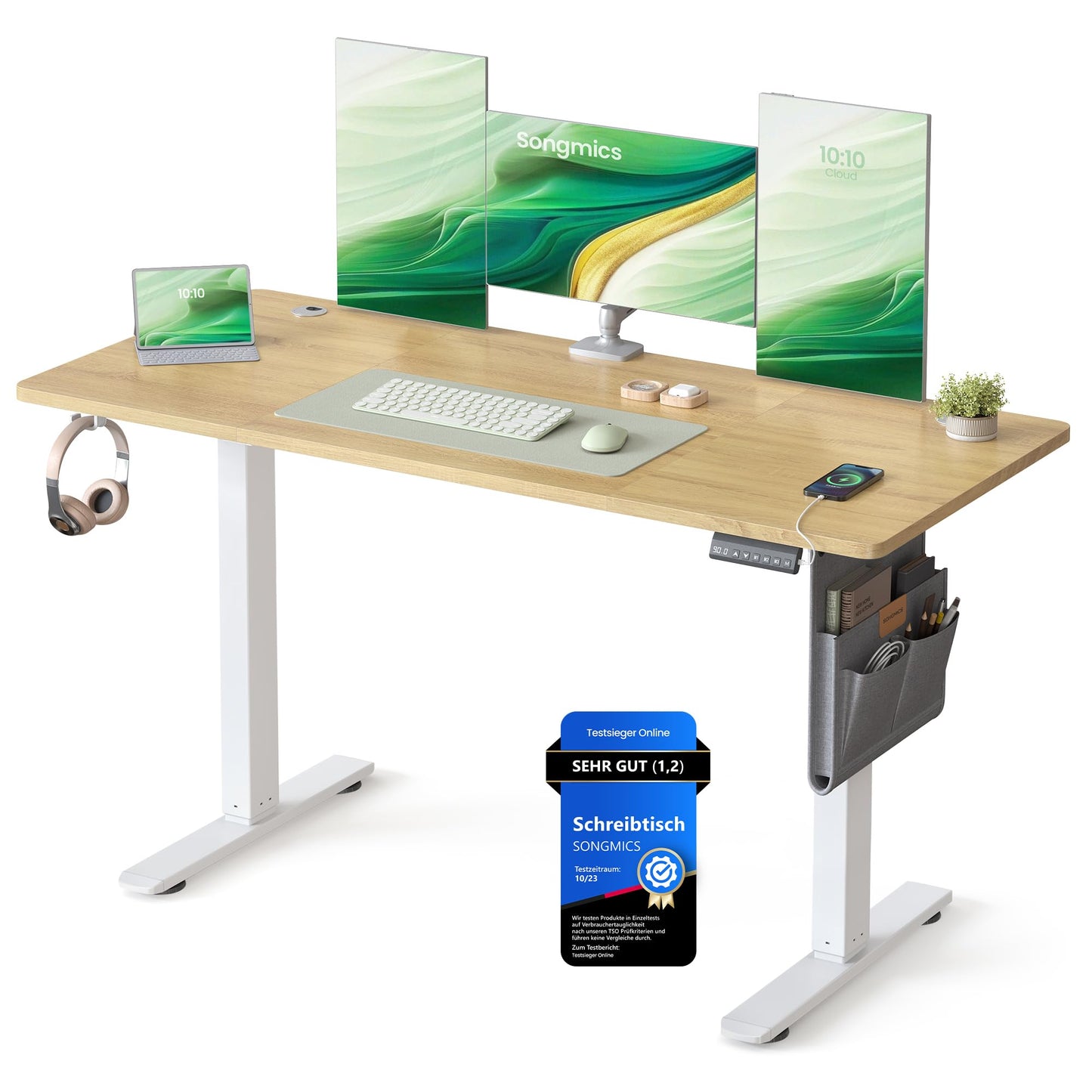 SONGMICS Electric height-adjustable desk, 140 x 60 cm, memory function with 4 heights, USB-C port, golden oak color LSD134YA01 - LSD026X01
