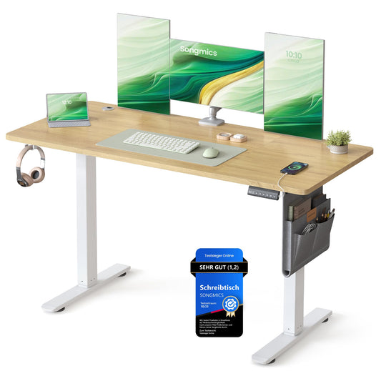 SONGMICS Electric height-adjustable desk, 140 x 60 cm, memory function with 4 heights, USB-C port, golden oak color LSD134YA01 - LSD026X01