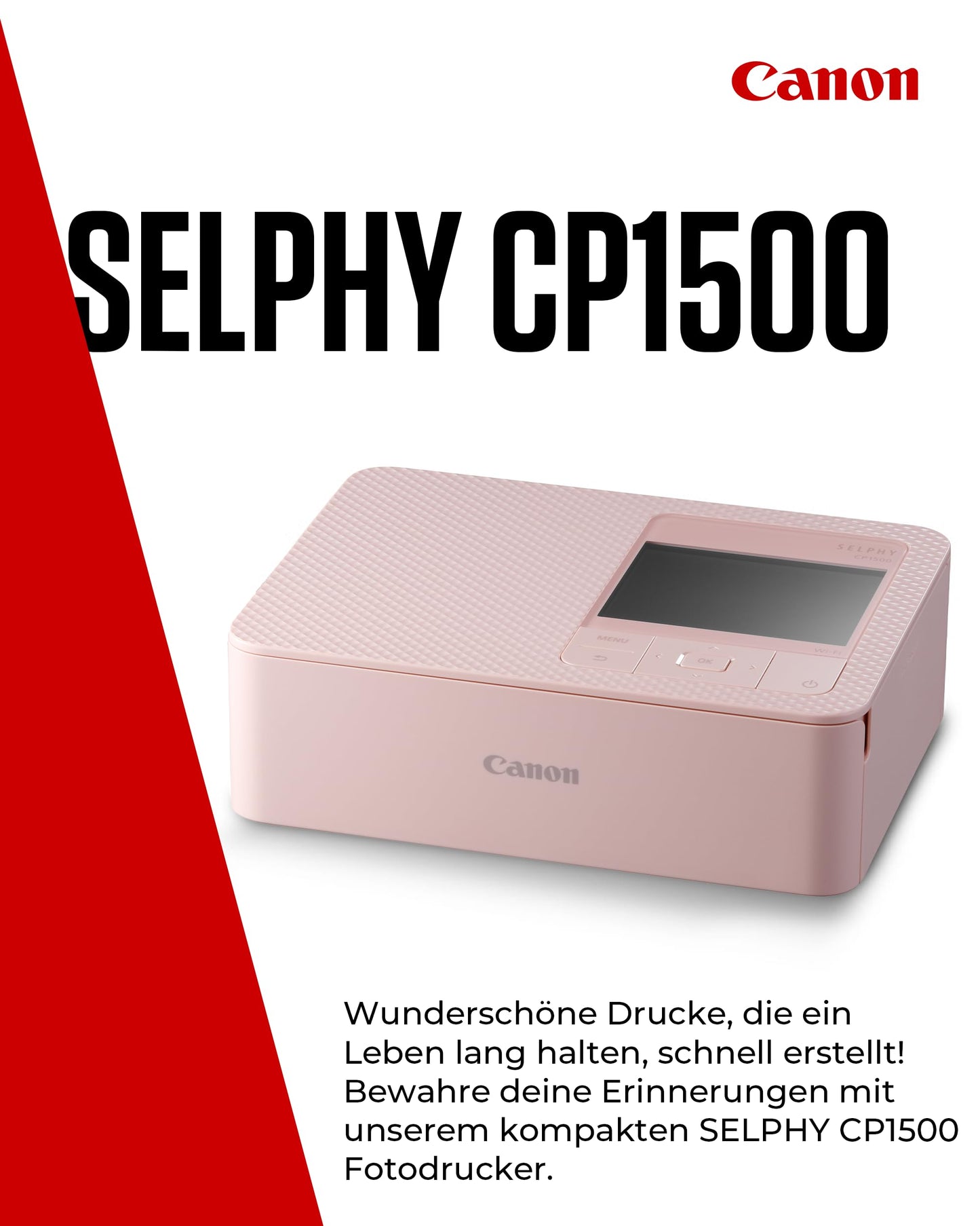 Canon SELPHY CP1500 mini photo printer mobile portable on the go (up to postcard size 10x15cm, WiFi, wireless, thermal sublimation, app, color stable 100 years) pink [without ribbon/paper, without battery] - 5541C002