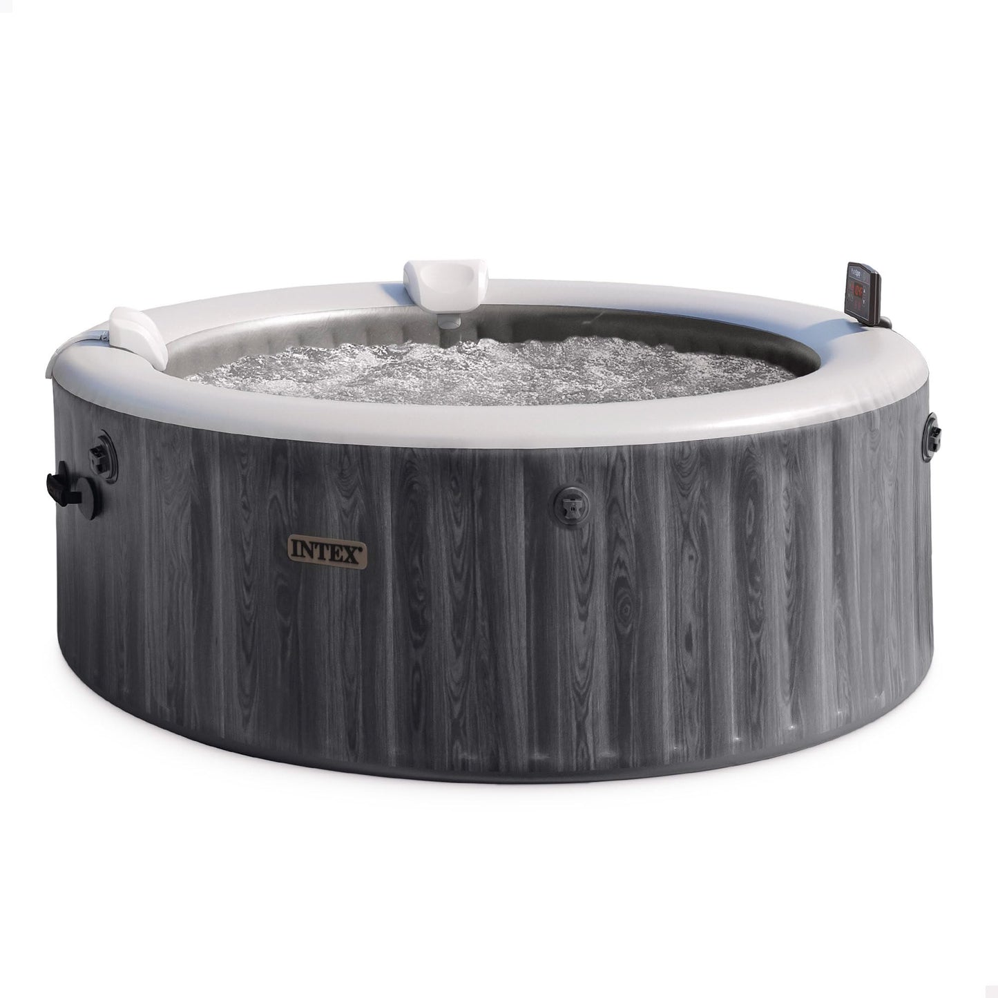 INTEX PureSpa Greywood Deluxe - 4-person whirlpool, with gray wood grain, 140 air jets, 2200 W heater, with LED lighting, water softening system & app control - 28440NP