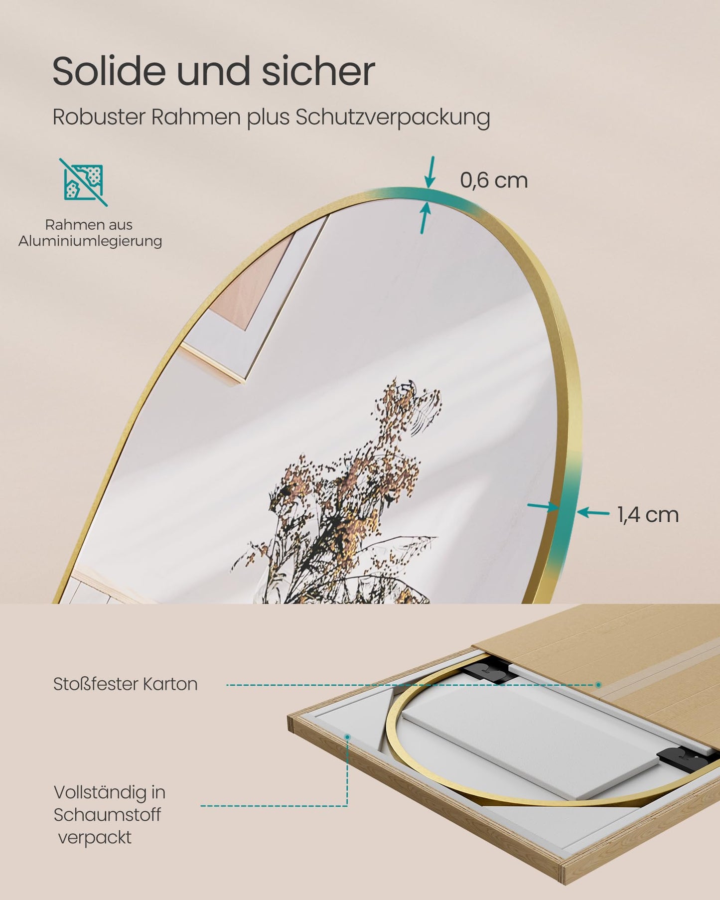 SONGMICS Full Length Mirror 160x50cm Curved Standing Mirror Aluminum Alloy Frame Tempered Glass for Bedroom Living Room Cloakroom Pale Gold LFM031A01 - ULFM031A01