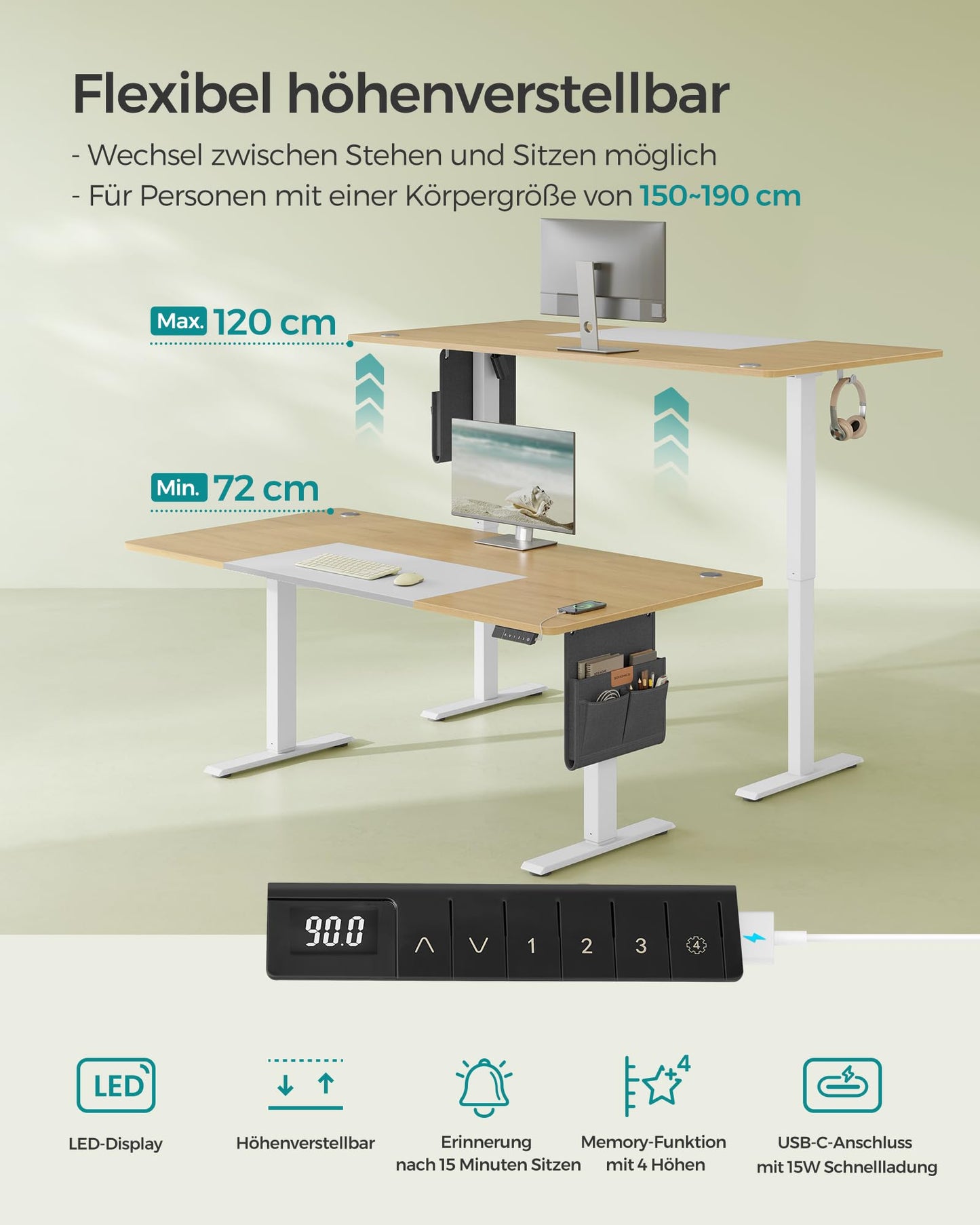 SONGMICS Electric height-adjustable desk, 160 x 70 cm, infinitely adjustable, memory function with 4 heights, natural oak color-matt white LSD026N01