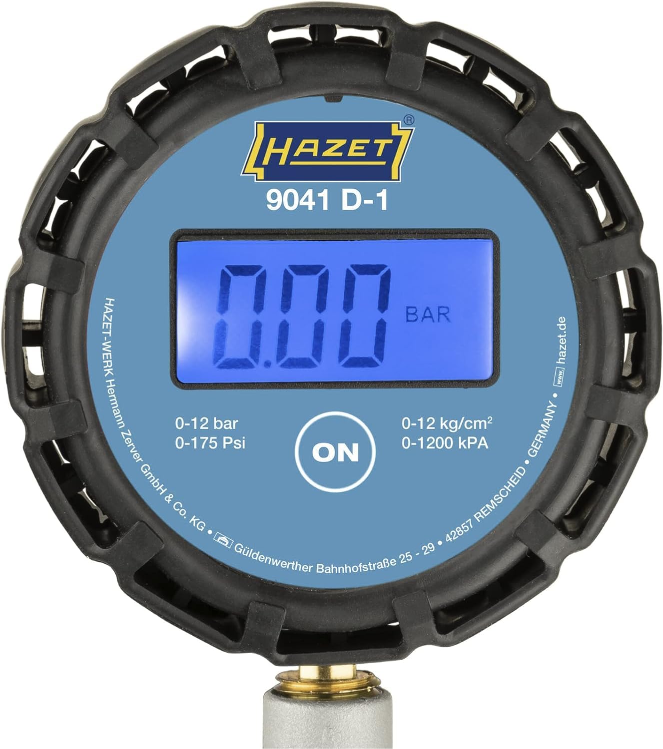 HAZET tire inflation gauge 9041D-1 I digital display, illuminated, measuring range: 0-12 bar, hose length: 400 mm, pressure gauge diameter: 63 mm I tire pressure gauge for cars, motorcycles, trucks and much more. - HZ9041D-1