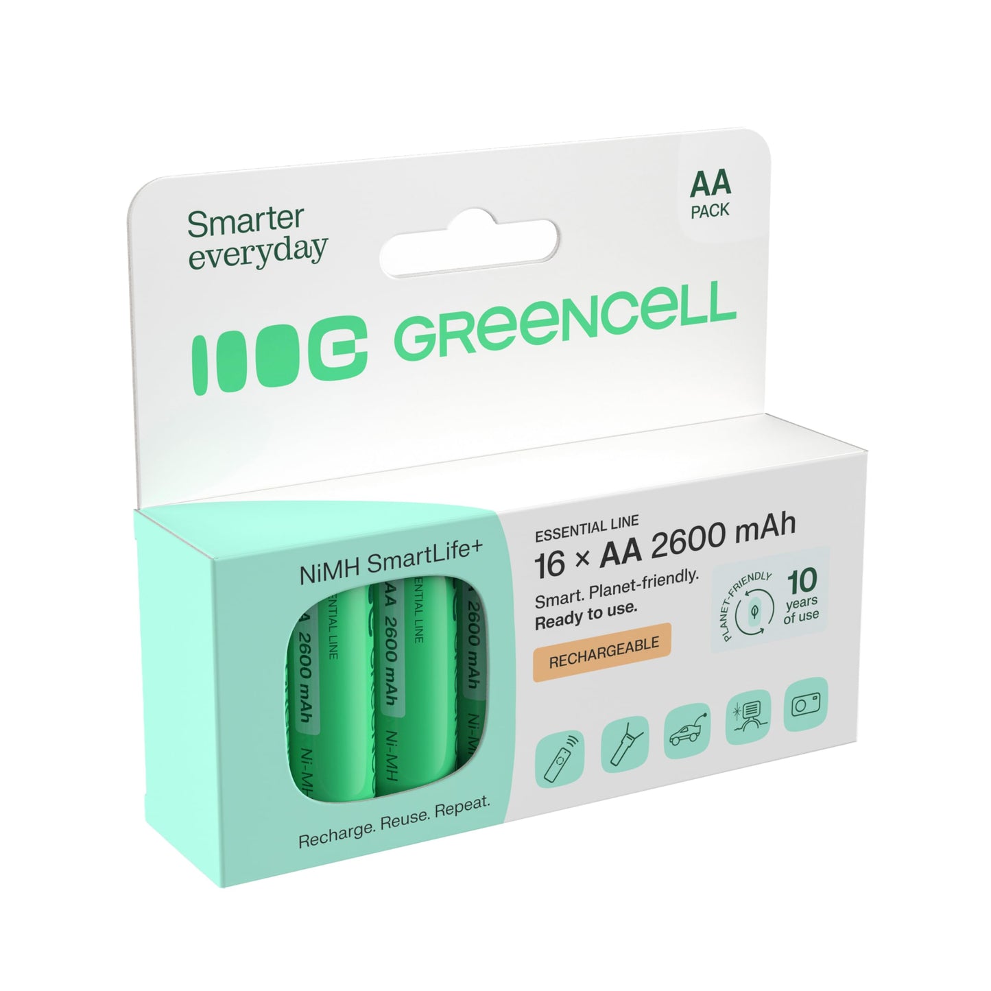 Green Cell battery 2600 mAh 1.2V, 16 pieces of batteries AA Mignon NI-MH rechargeable, ready for immediate use without memory effect, pre-charged, strong performance, low self-discharge, rechargeable battery - GR10
