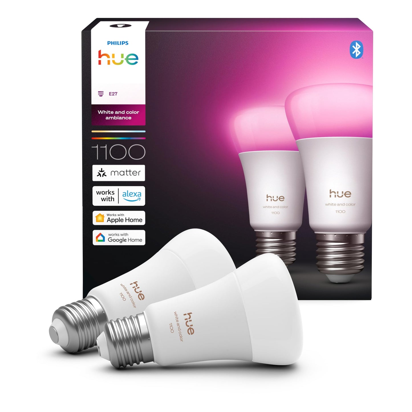 Philips Hue White & Color Ambiance E27 LED light bulb, 1100lm, 16 million colors, dimmable LED light, bulbs controllable via app and voice, compatible with Amazon Alexa, pack of 2, new generation - 929003853502