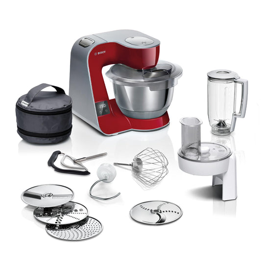 Bosch Kitchen Machine MUM5 MUM5X720, integrated scale, stainless steel bowl 3.9L, blender 1.25L, professional kneading hook, planetary mixing gear, whisk, continuous slicer, 1000 W, silver/dark red