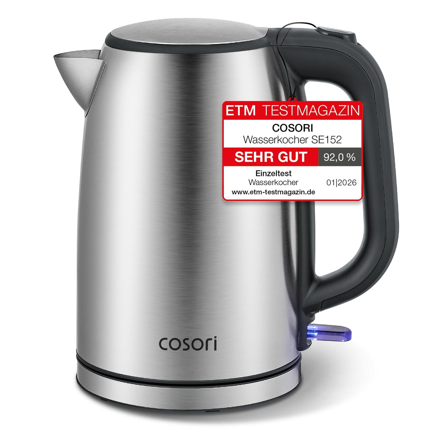 COSORI kettle stainless steel with 1.7 L | 2200W | No plastic contact | LED lighting | 360° rotating base | Large opening | Dry boil protection | Strix Technology | Silver-black - CEK-S152-VEU