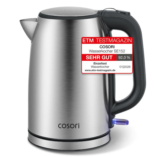 COSORI kettle stainless steel with 1.7 L | 2200W | No plastic contact | LED lighting | 360° rotating base | Large opening | Dry boil protection | Strix Technology | Silver-black - CEK-S152-VEU