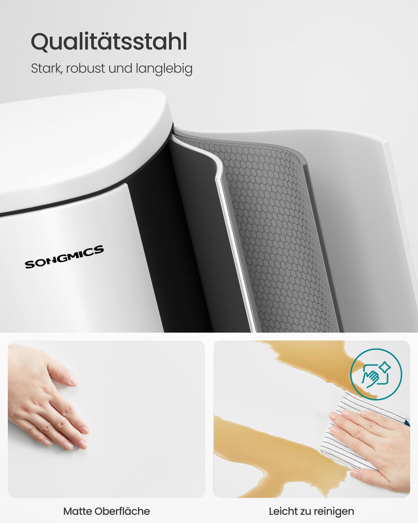 SONGMICS kitchen rubbish bin, 50 liters, waste bin, pedal bin, with lid, soft close, foot pedal, steel, inner bin, white LTB101W01