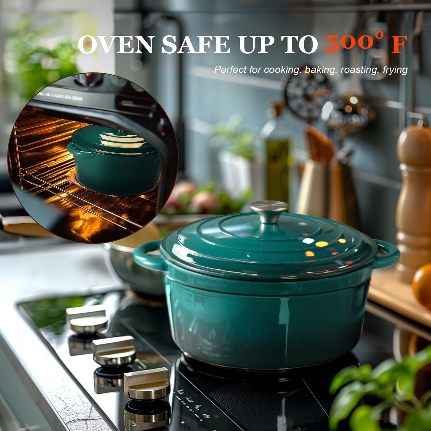 Overmont roasting pan enamel cast iron pot - casserole 24cm oven-safe - with lid and cookbook - for kitchen baking stewing roasting sea blue - Enamelled