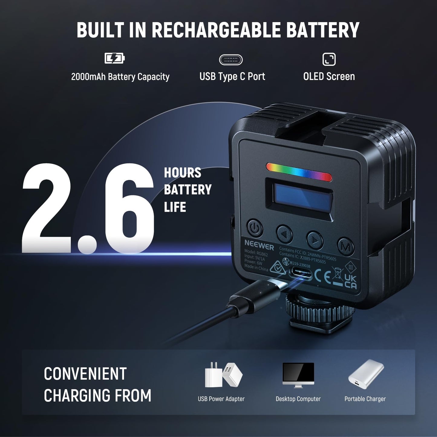 NEEWER RGB62 Magnetic RGB video light with improved app control