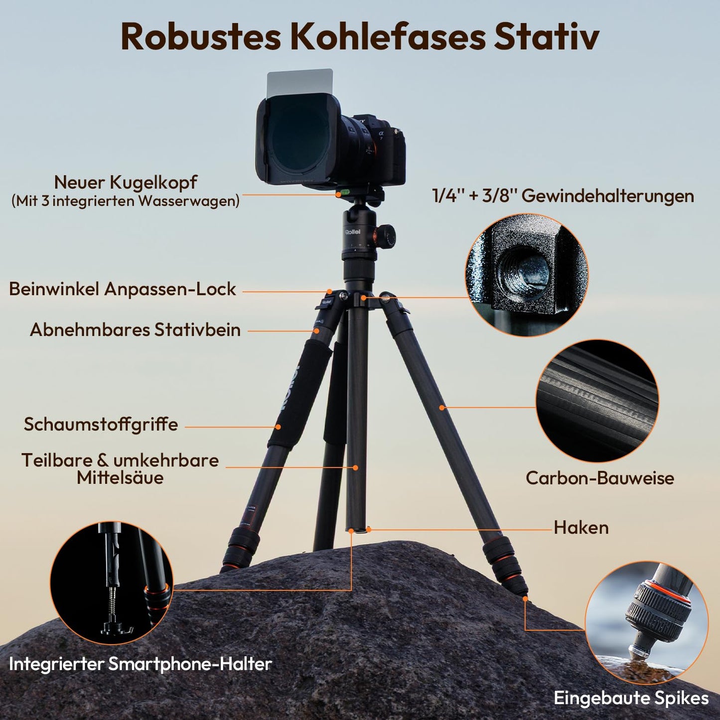 Rollei C6i Camera Tripod Carbon Black, 172cm Tripod Camera Compact with Ball Head Lightweight Photo Travel Tripod for DSLR 4-in-1 Photo Tripod with Monopod Function Arca Swiss Tripod for Camera & Smartphone - 26936