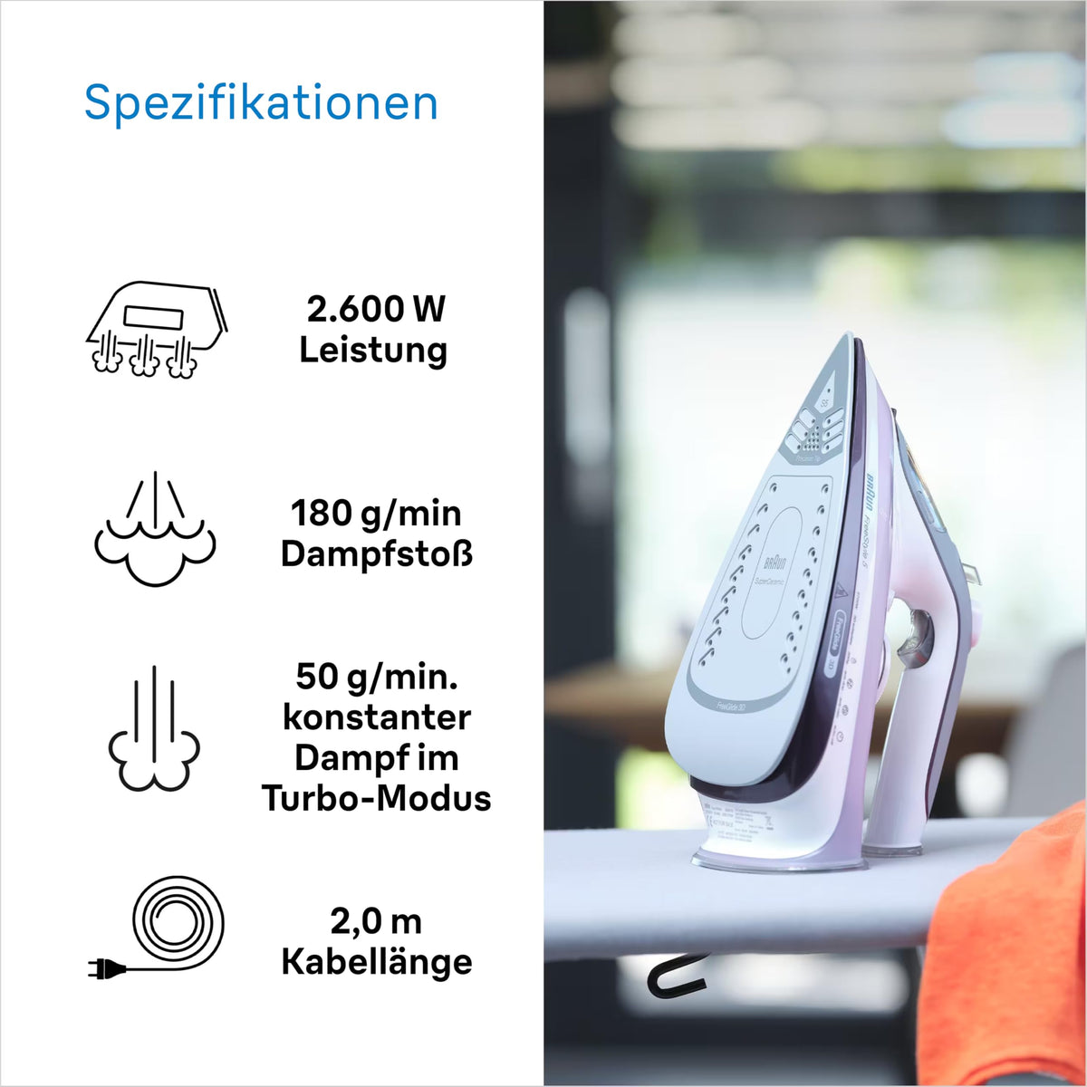 Braun FreeStyle 5 Steam Iron SI 5037 VI - Iron with Freeglide 3D soleplate, vertical steam, 2700 Watts, steam boost of 200 g/min, 330 ml water tank, Violet - SI5037VI