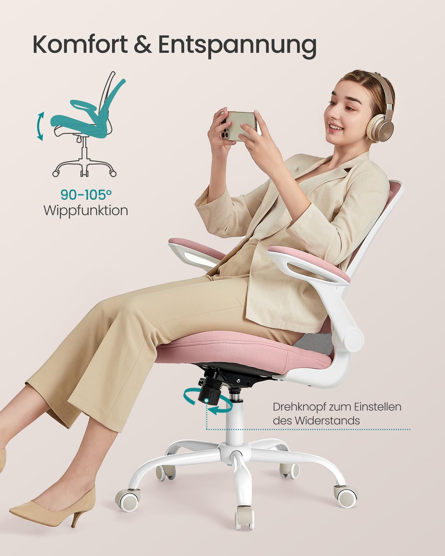 SONGMICS Office Chair Ergonomic, Swivel Chair with Mesh, Lumbar Support, Rocker Function, 53cm Seat, Folding Armrests, Study and Bedroom, Students, Pastel Pink OBN037R01