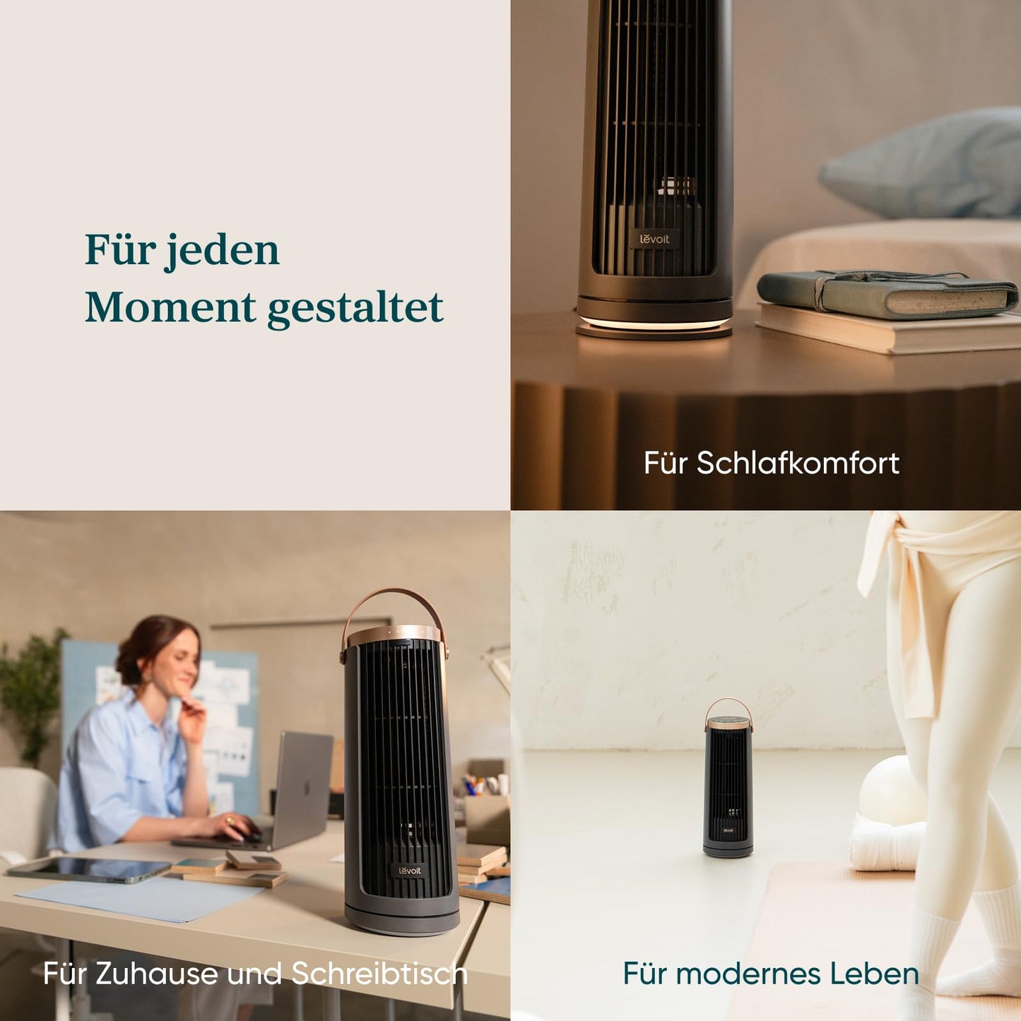 Levoit compact tower fan battery DC motor indoor/outdoor - quiet from 20dB fan - 7m/s cooling table fan - 5 levels/90° oscillation/12 hour timer/remote control - portable, 33 cm, graphite gray - LTF-F132BL-AEU