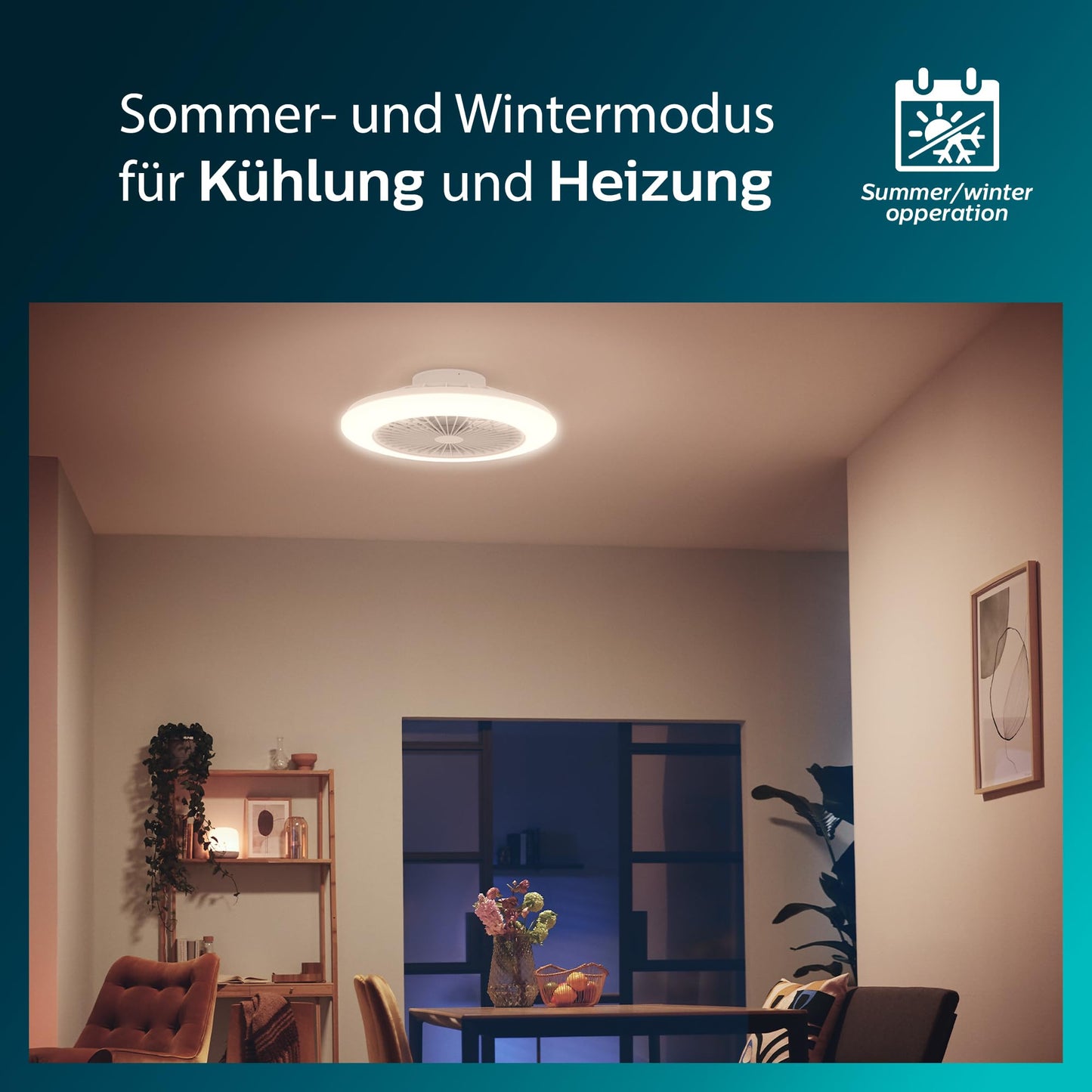 PHILIPS ceiling fan and LED ceiling light Amigo, 25W+60W, diameter 58cm, round, including remote control, white - 929003352501