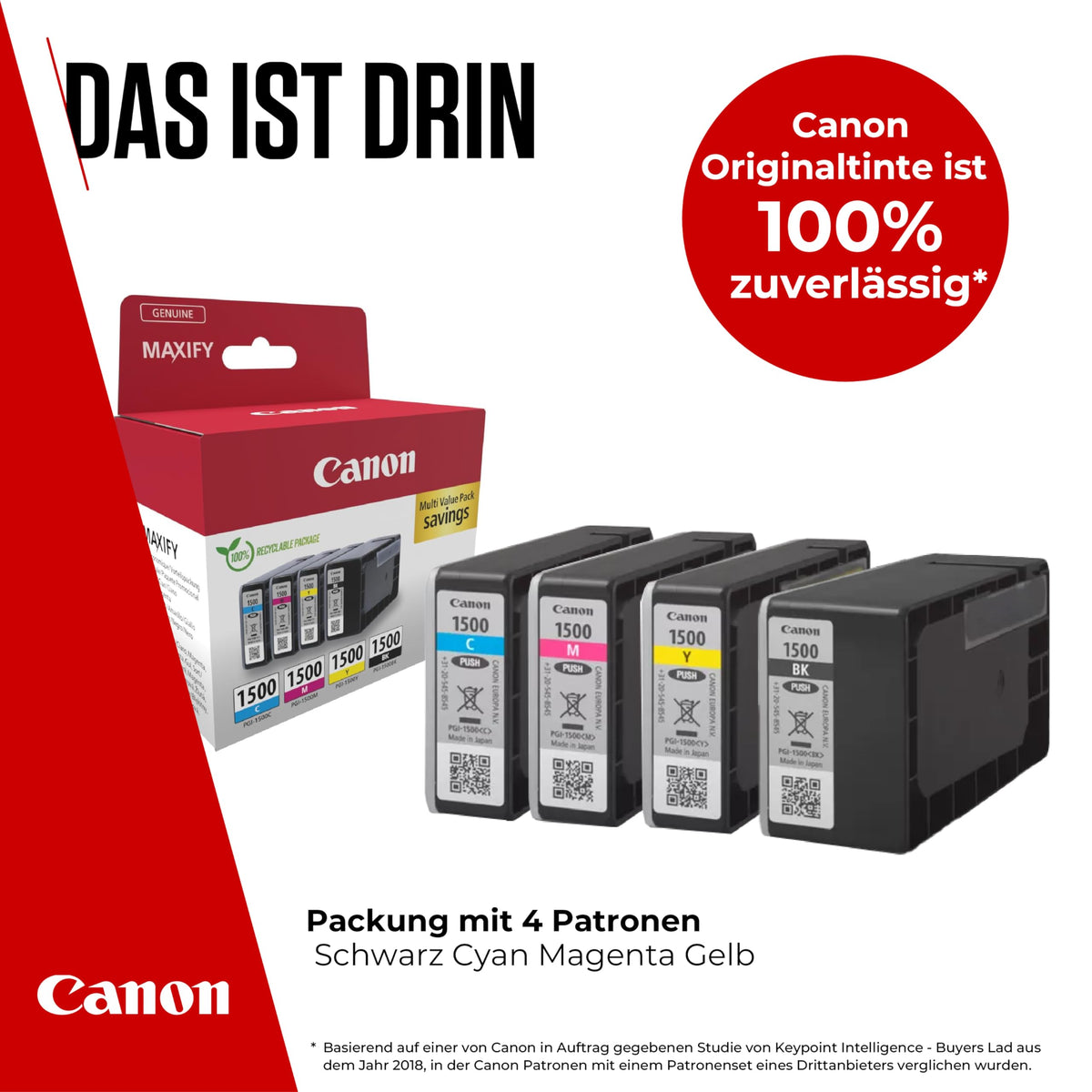 Canon Ink - PGI-1500 C/M/Y/BK Original Printer Color Cartridges - 4-Pack (1 x Black, 1 x Cyan, 1 x Magenta & 1 x Yellow printer cartridges) - 9218B006