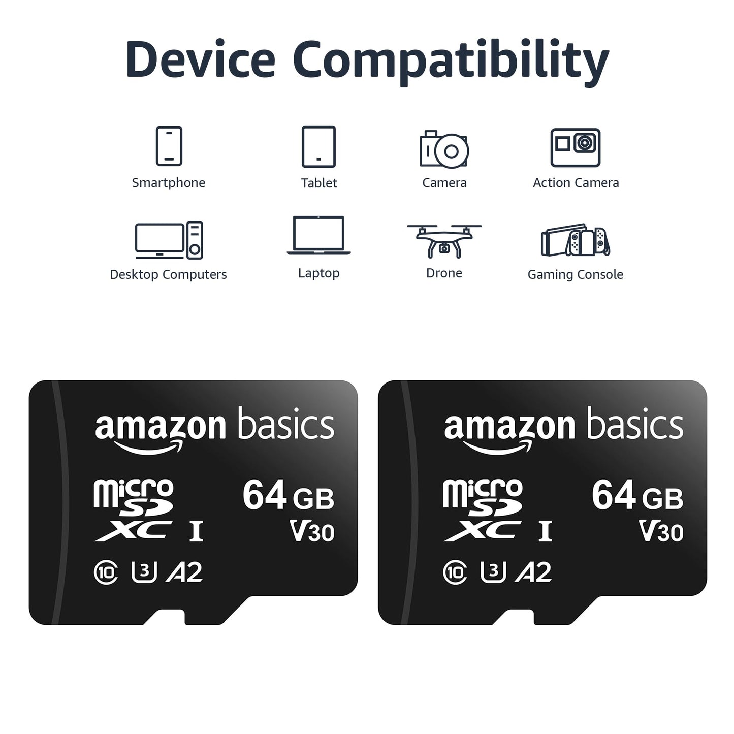 Amazon Basics microSDXC Memory Card with Adapter Full Size A2 U3 Read Speed up to 100MB/s 64GB Black (Pack of 2) (Pack of 2) - LSMICRO64GU3D