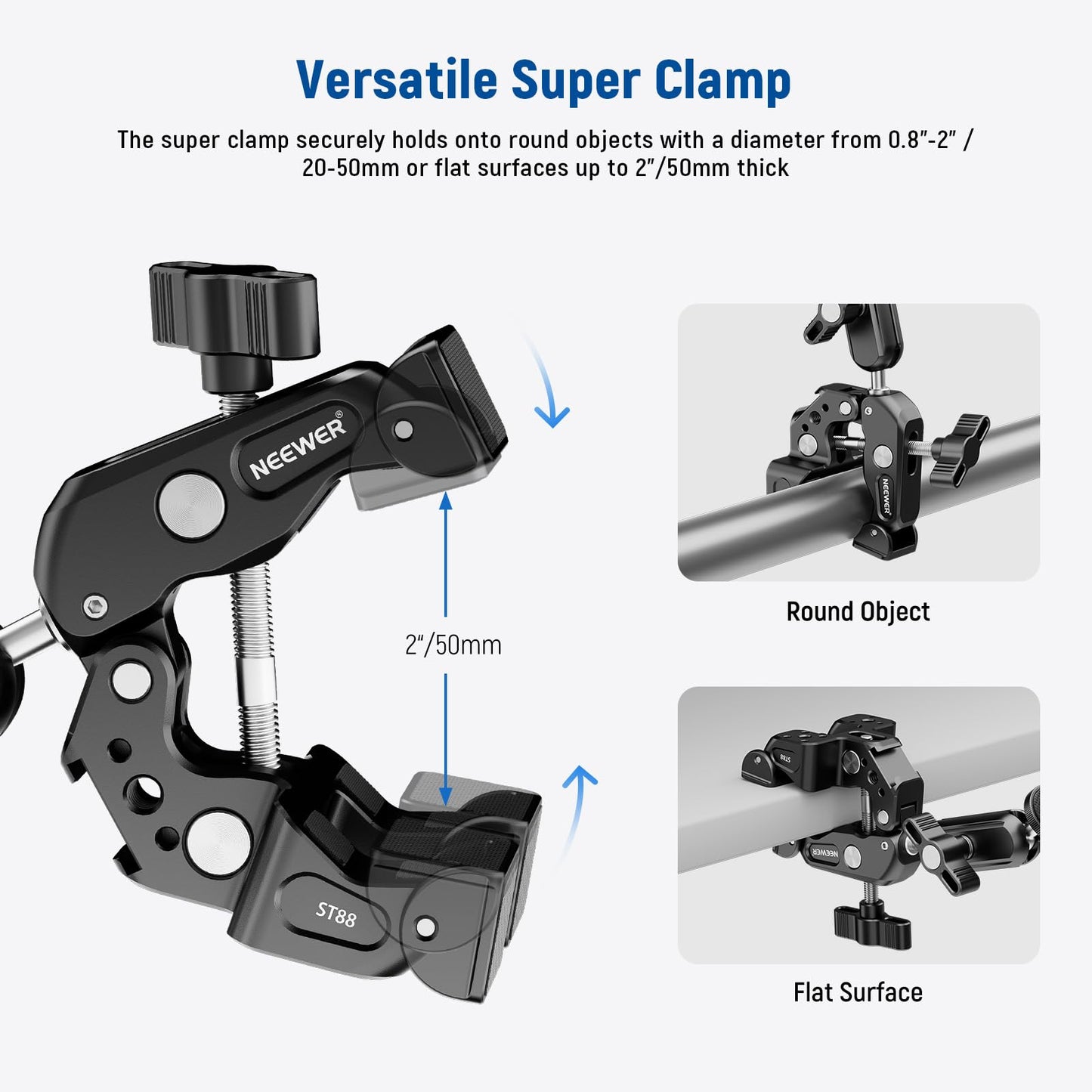 NEEWER Super Clamp with 3" Dual Ball Head Magic Arm, Camera Mobile Phone Holder with 1/4" 3/8" Thread Cold Shoe Mobile Phone Holder, Action Camera Adapter Compatible with GoPro DJI iPhone 16 15 Pro Max ST88 - 10105338
