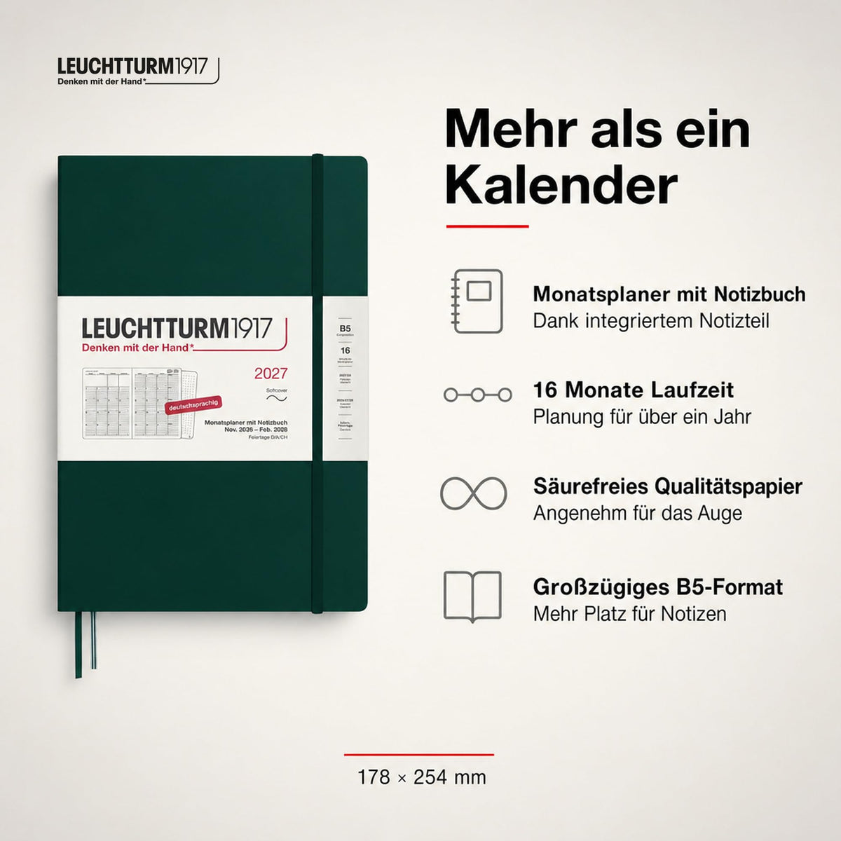 LEUCHTTURM1917 planificator lunar cu caiet 2027 Compoziție (B5) - germană, verde pădure, copertă moale, 178 x 254 mm, 16 luni (01.11.2026-28.02.2028), 132 pagini de note punctate cu cuprins - 400173