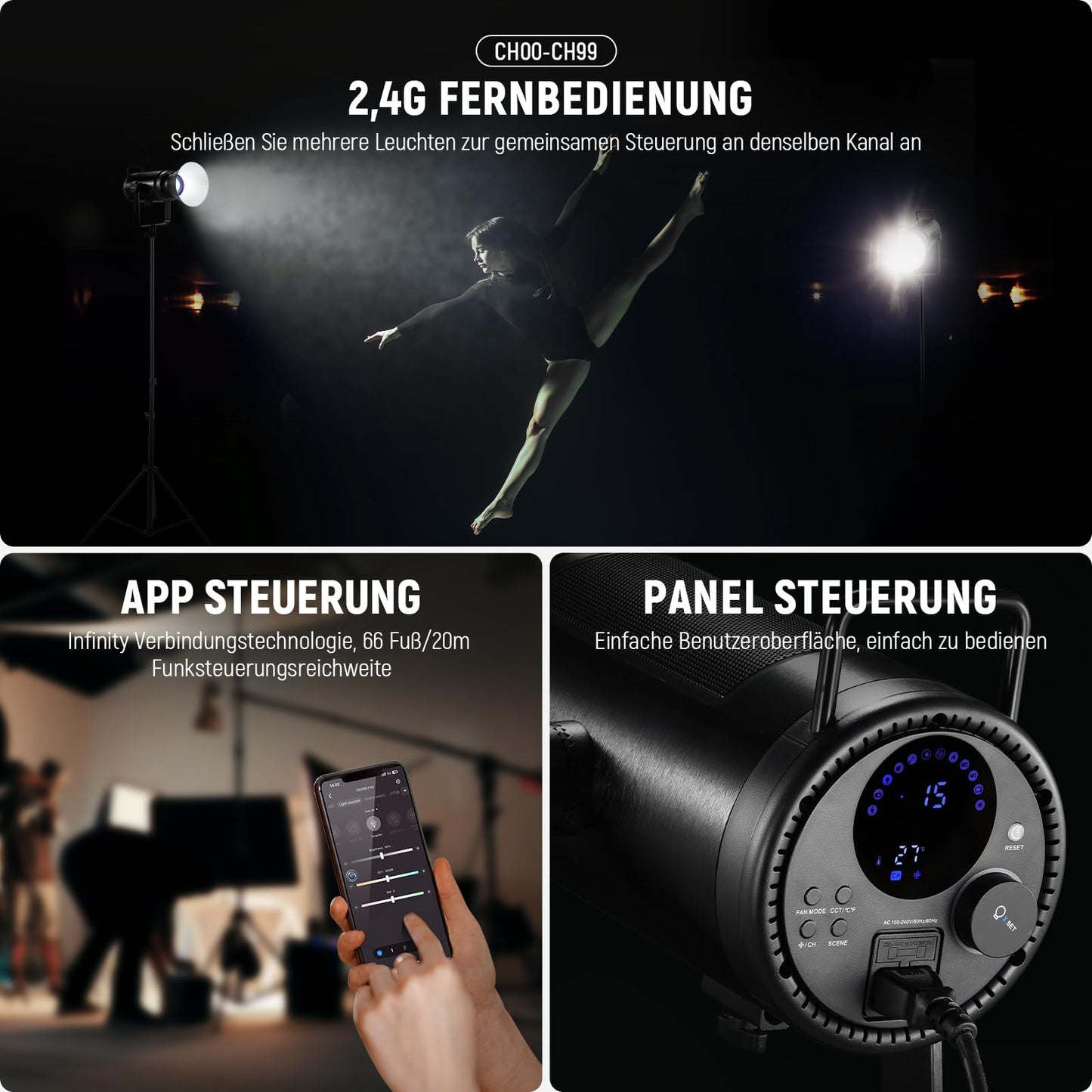 NEEWER 210W COB LED video light with 2.4 G/APP control, 2700K-6500K two-color continuous light power for studio photography with Bowens mount, 90000Lux/1m, CRI/TLCI97+, GM ±50, CB200B PRO