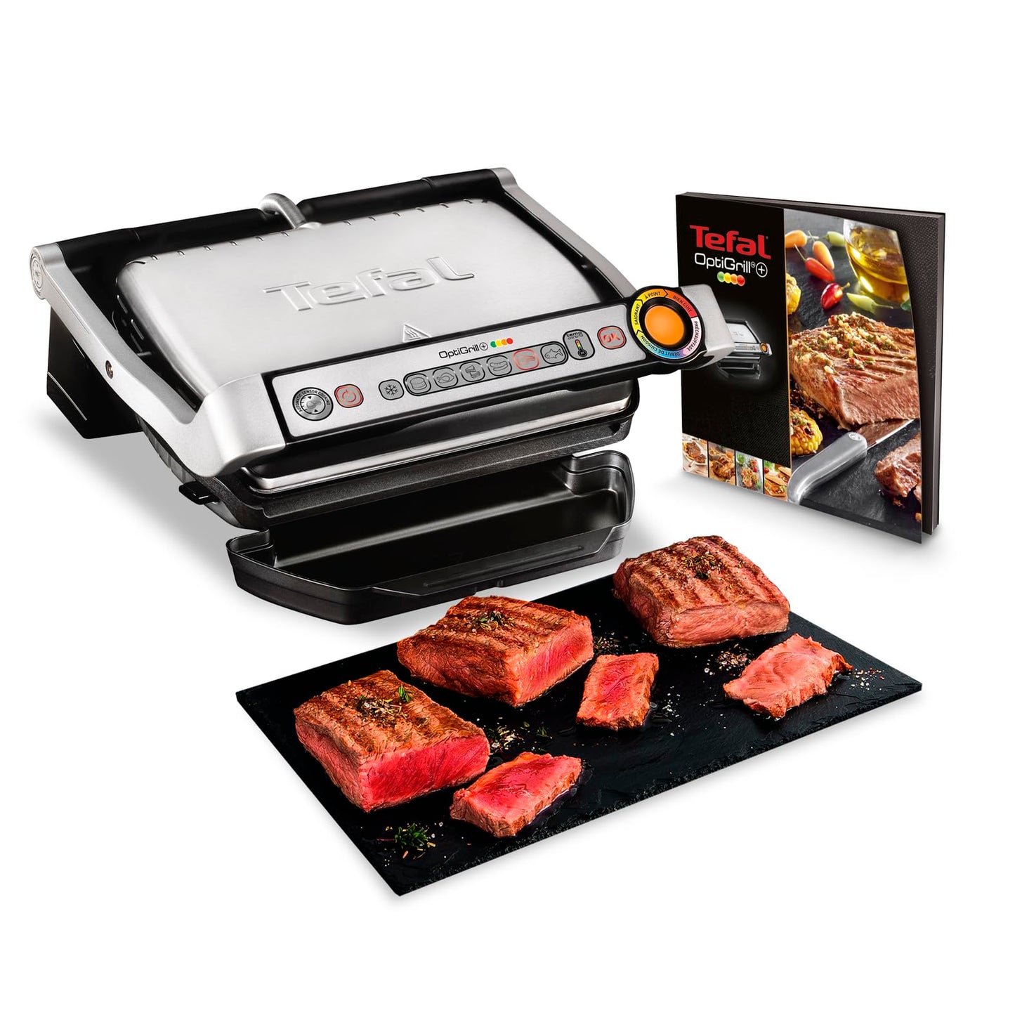 Tefal OptiGrill+ contact grill, 6 programs, cooking level display, removable plates, manual mode, optimal grilling results thanks to thickness measurement, electric grill, stainless steel, GC712D12