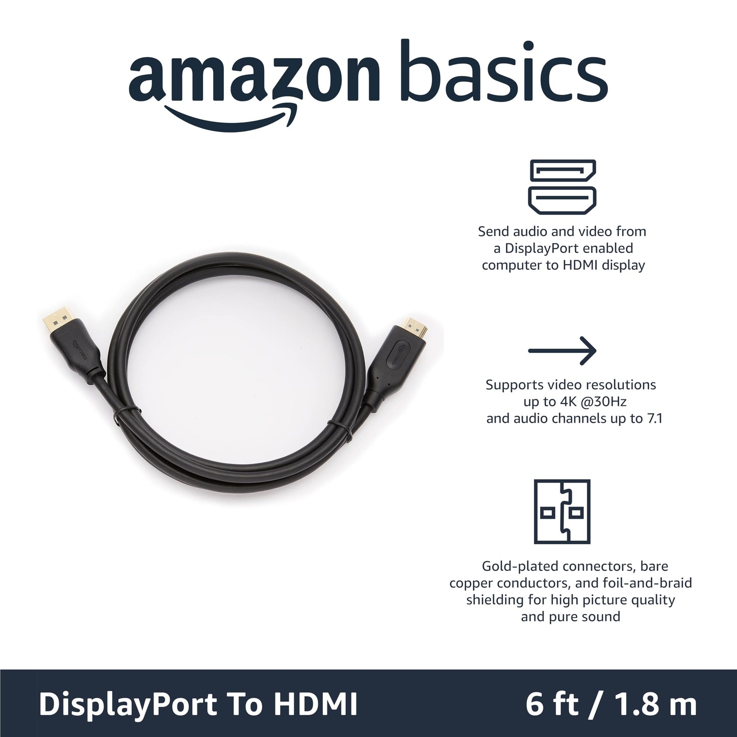 Amazon Basics DisplayPort to HDMI, 1.8 m, Pack of 10, Black (Pack of 2) - DPH12M-6FT-10P