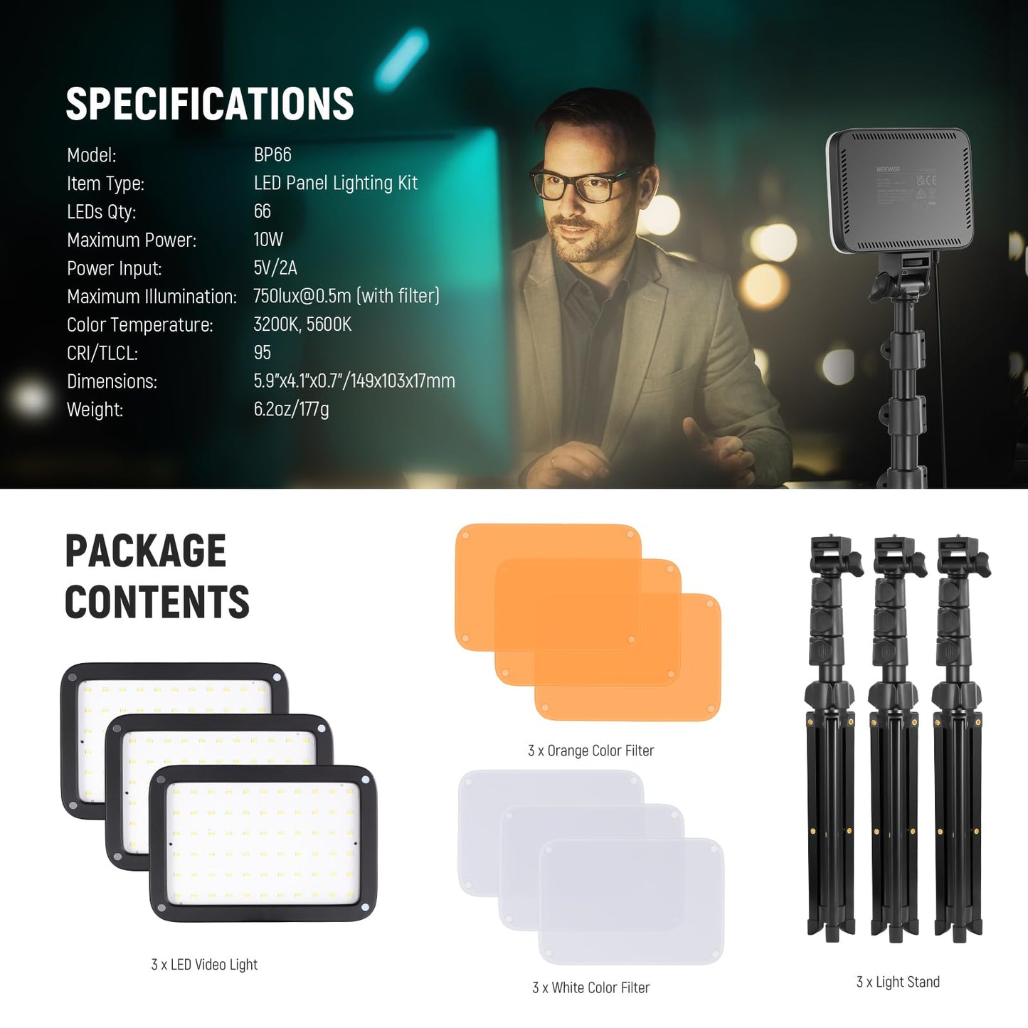 NEEWER Basics LED Video Light Panel Lighting Set Pack of 3 Two-Tone Dimmable Portable Studio Lights with Tripods and Filters 3200K ~ 5600K CRI95 750Lux for Photography Videos and Streaming BP66