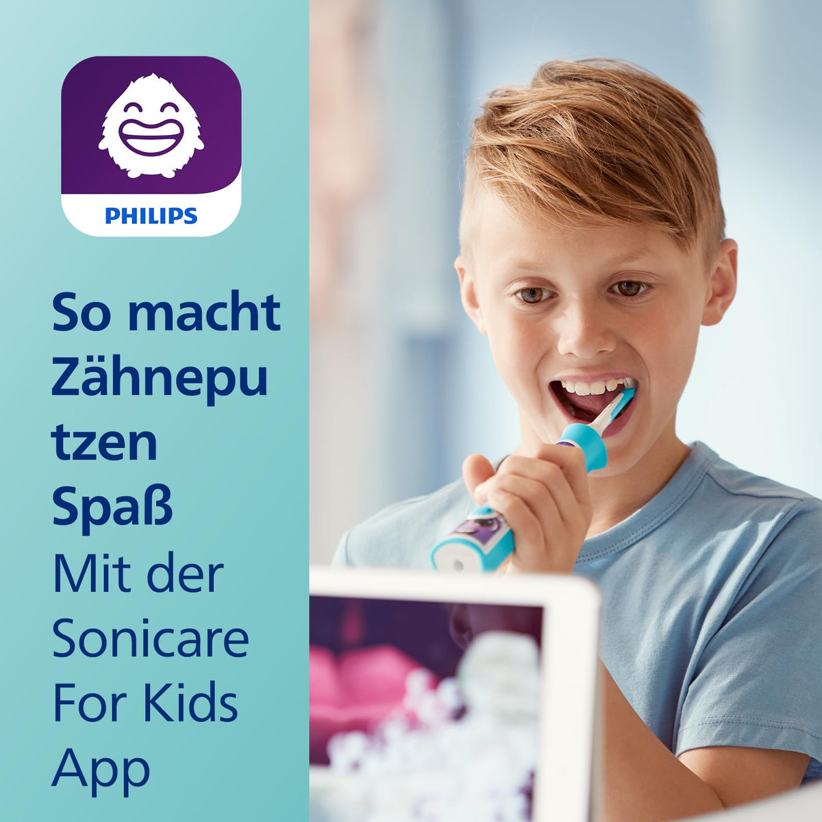 Philips Sonicare For Kids, periuță de dinți electrică cu tehnologie sonică, cu aplicație, pentru copii de la 3 ani, dotată cu SmarTimer și QuadPacer pentru o curățare temeinică, Turcoaz, model HX6322/04