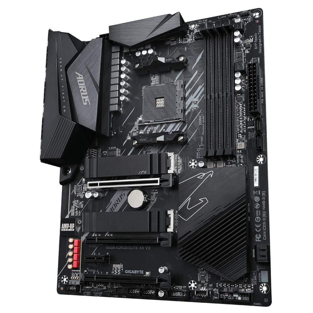 GIGABYTE B550 AORUS Elite AX V2 Mainboard – Compatible with AMD Ryzen 5000 CPUs, featuring a 12+2 phase VRM, supports up to 4733 MHz DDR4, 1x PCIe 4.0 + 1x PCIe 3.0 M.2, Wi-Fi 6E, 2.5GbE LAN, and USB 3.2 Gen 2.