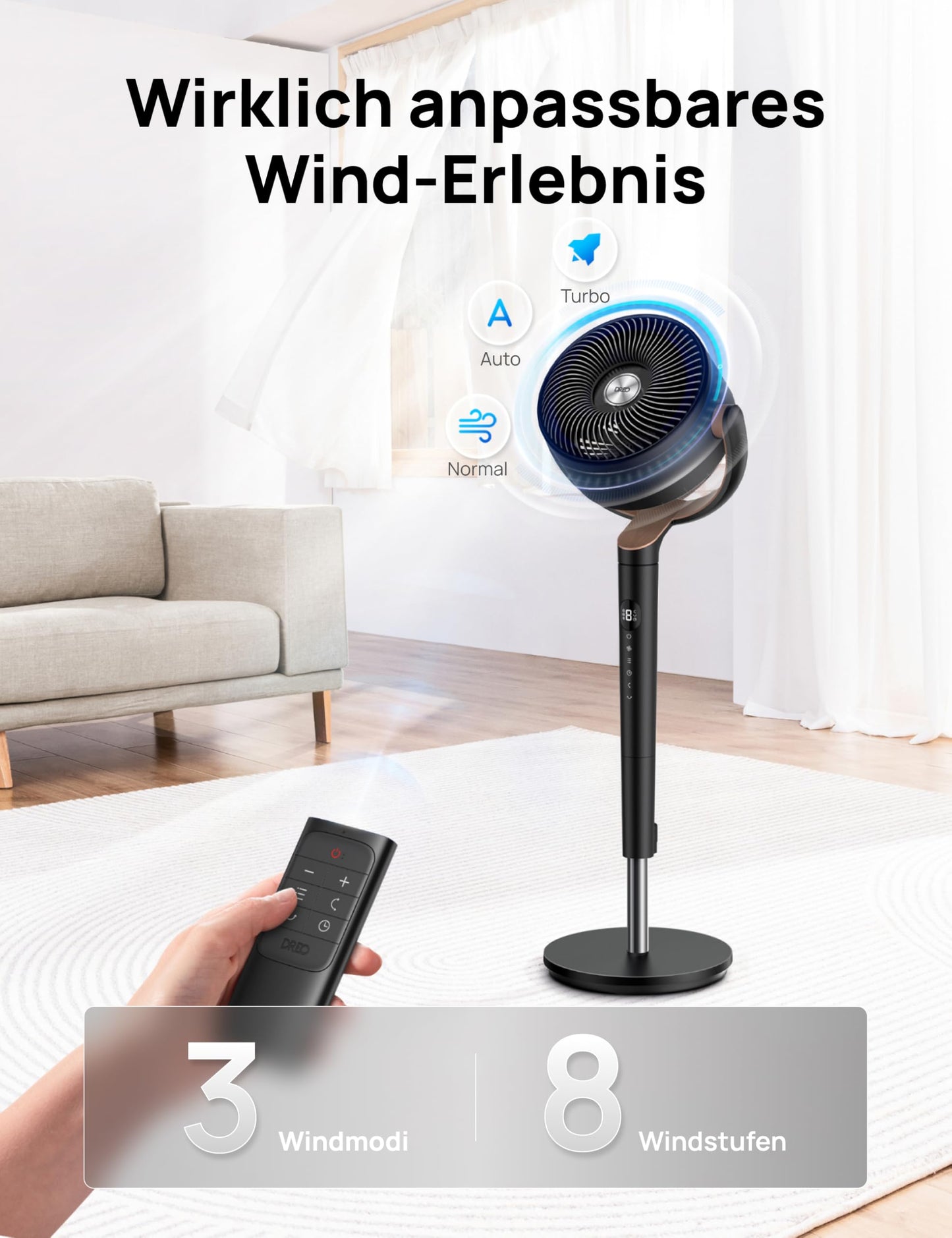 DREO 23dB quiet pedestal fan, 120°+120° omni-directional oscillating fan, 27M wind distance, 1615 m³/h air volume Real turbo air circulator fans, 89-102cm height 3 modes 8-speed - DR-HPF002